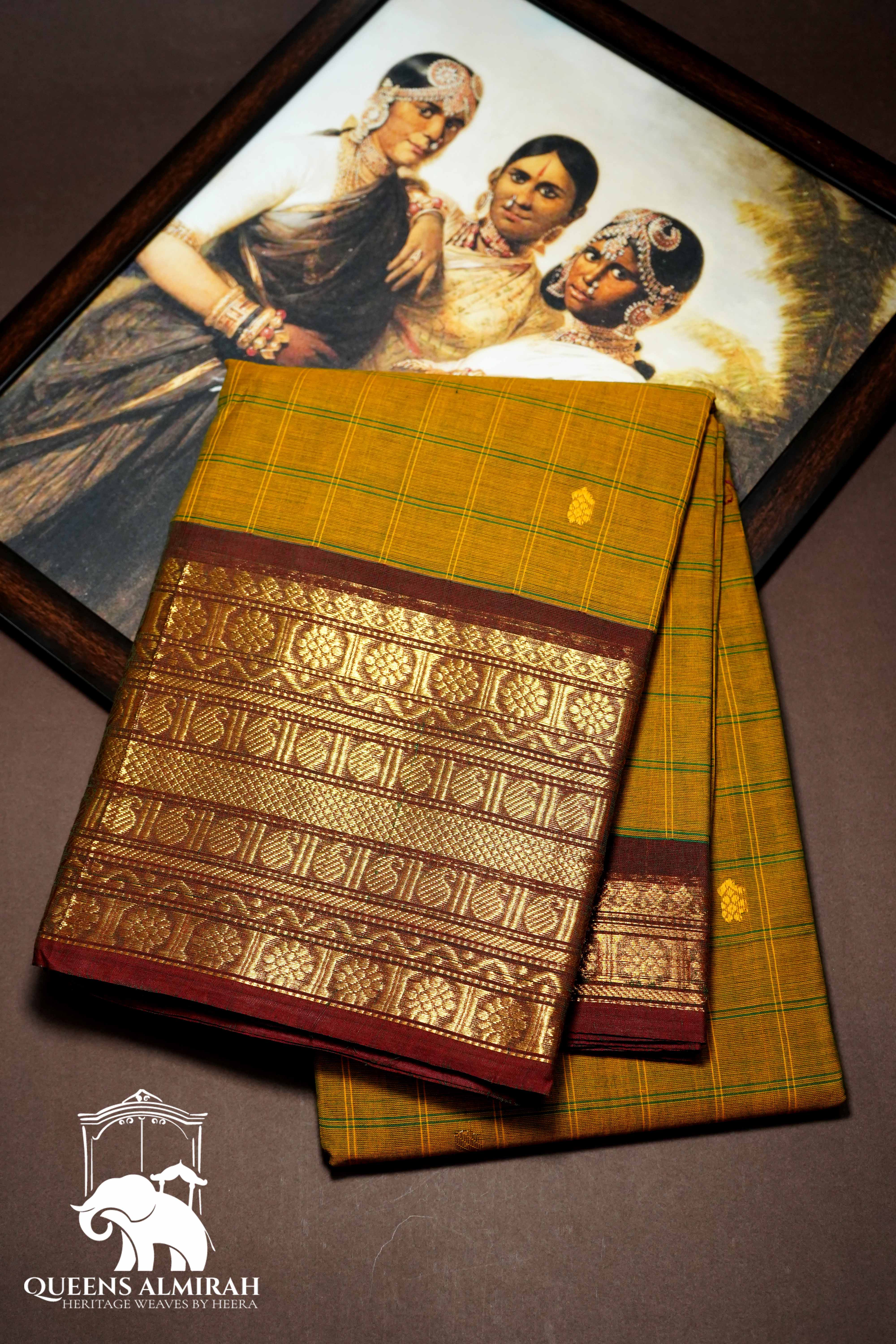 DARK MUSTARD WITH COCO BROWN KANCHI COTTON SAREE - Queens Jewel Emporium