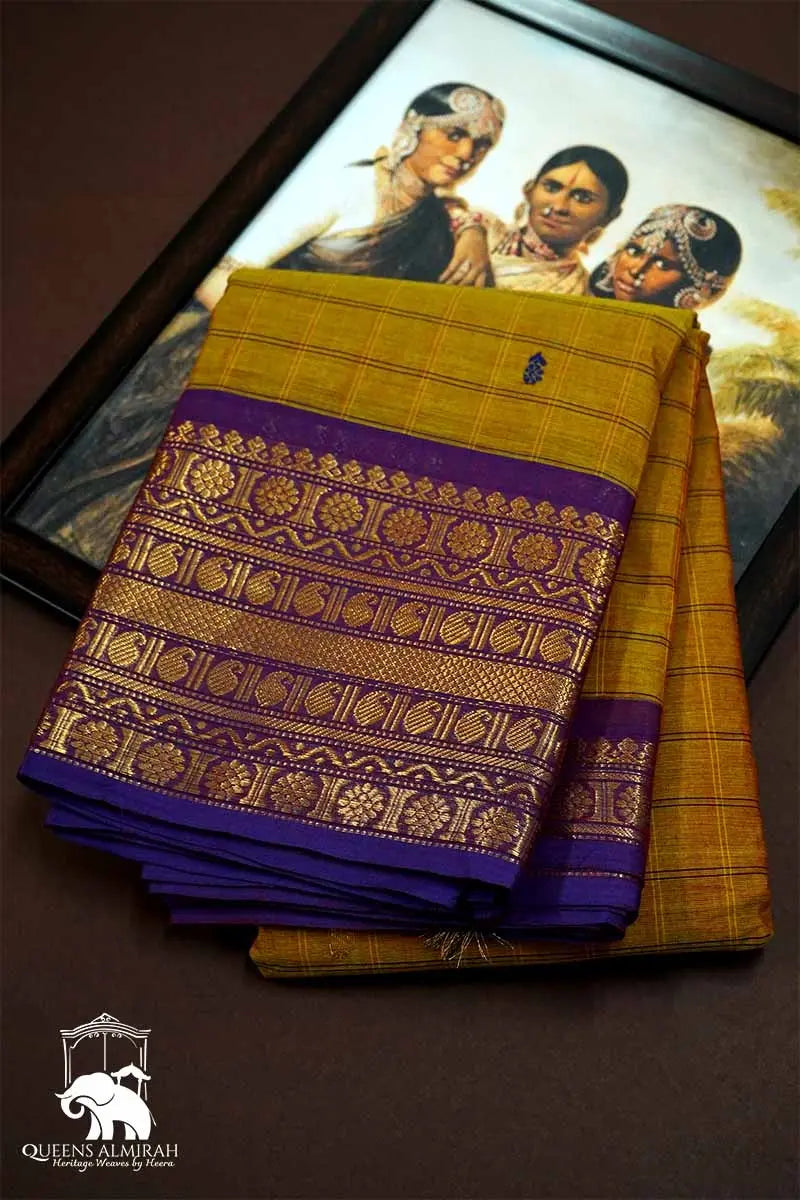 DARK MUSTARD WITH DEEP VIOLET KANCHI COTTON SAREE - Queens Jewel Emporium