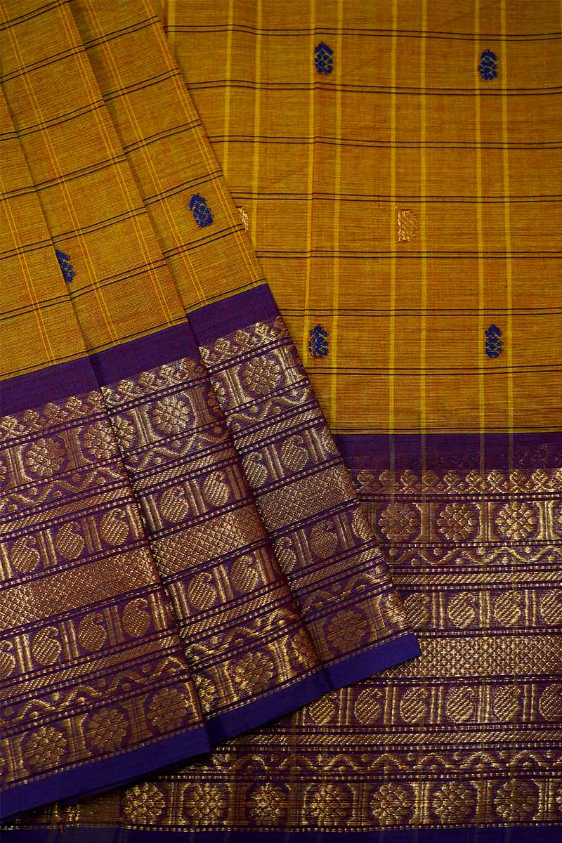 DARK MUSTARD WITH DEEP VIOLET KANCHI COTTON SAREE - Queens Jewel Emporium