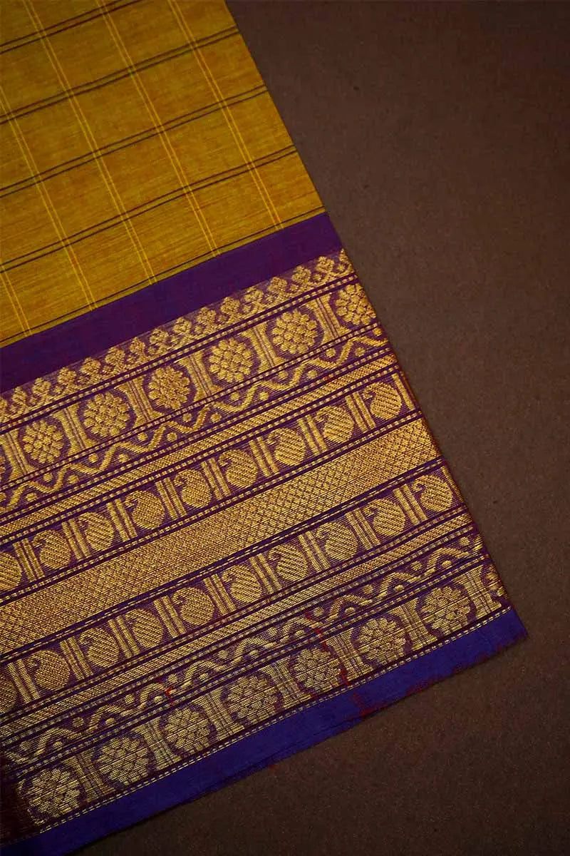 DARK MUSTARD WITH DEEP VIOLET KANCHI COTTON SAREE - Queens Jewel Emporium