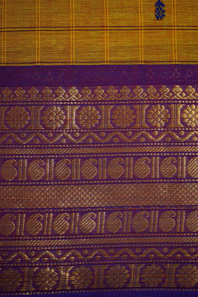 DARK MUSTARD WITH DEEP VIOLET KANCHI COTTON SAREE - Queens Jewel Emporium