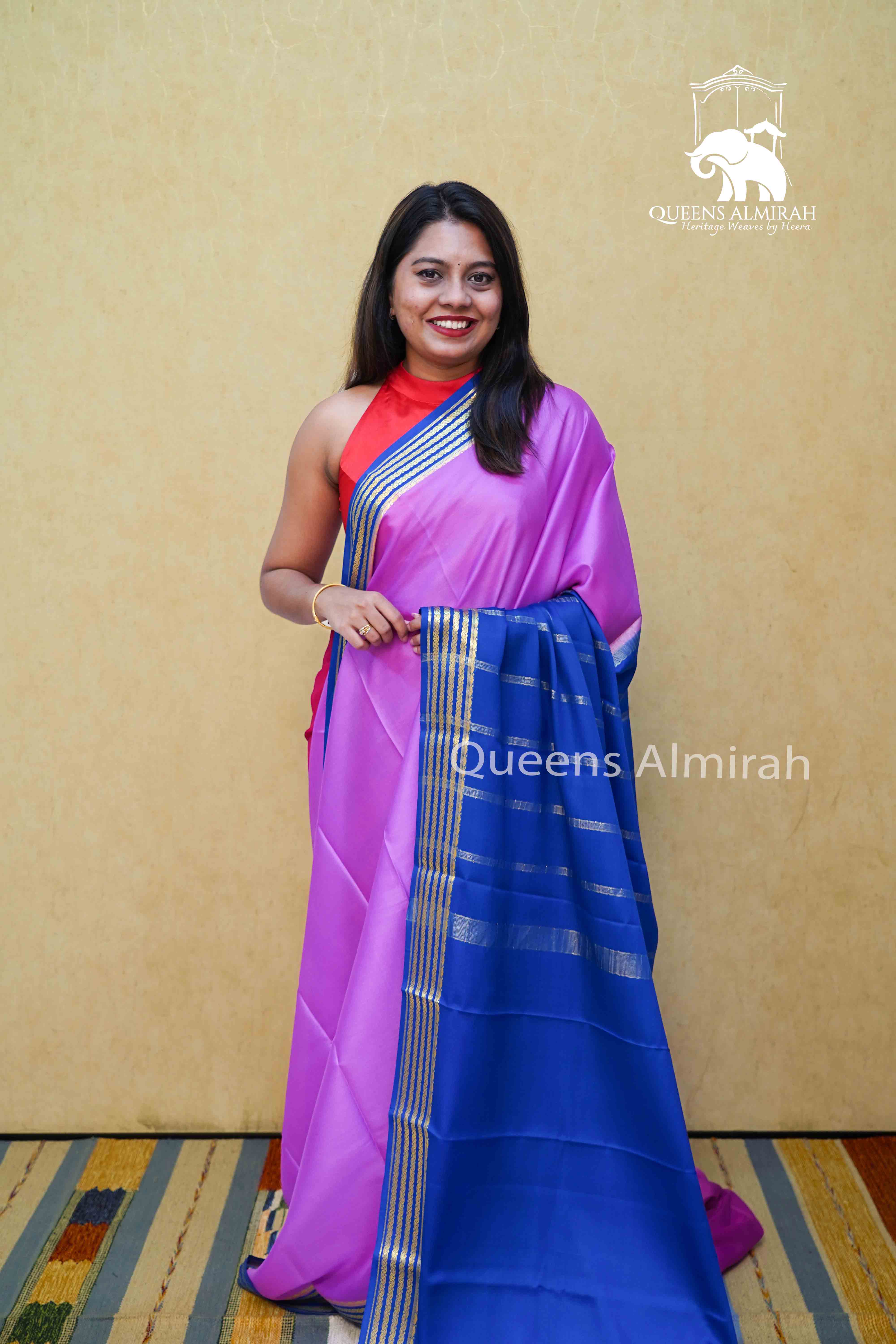 DEEP LILAC WITH MARINE BLUE MYSORE SILK SREE - Queens Jewel Emporium