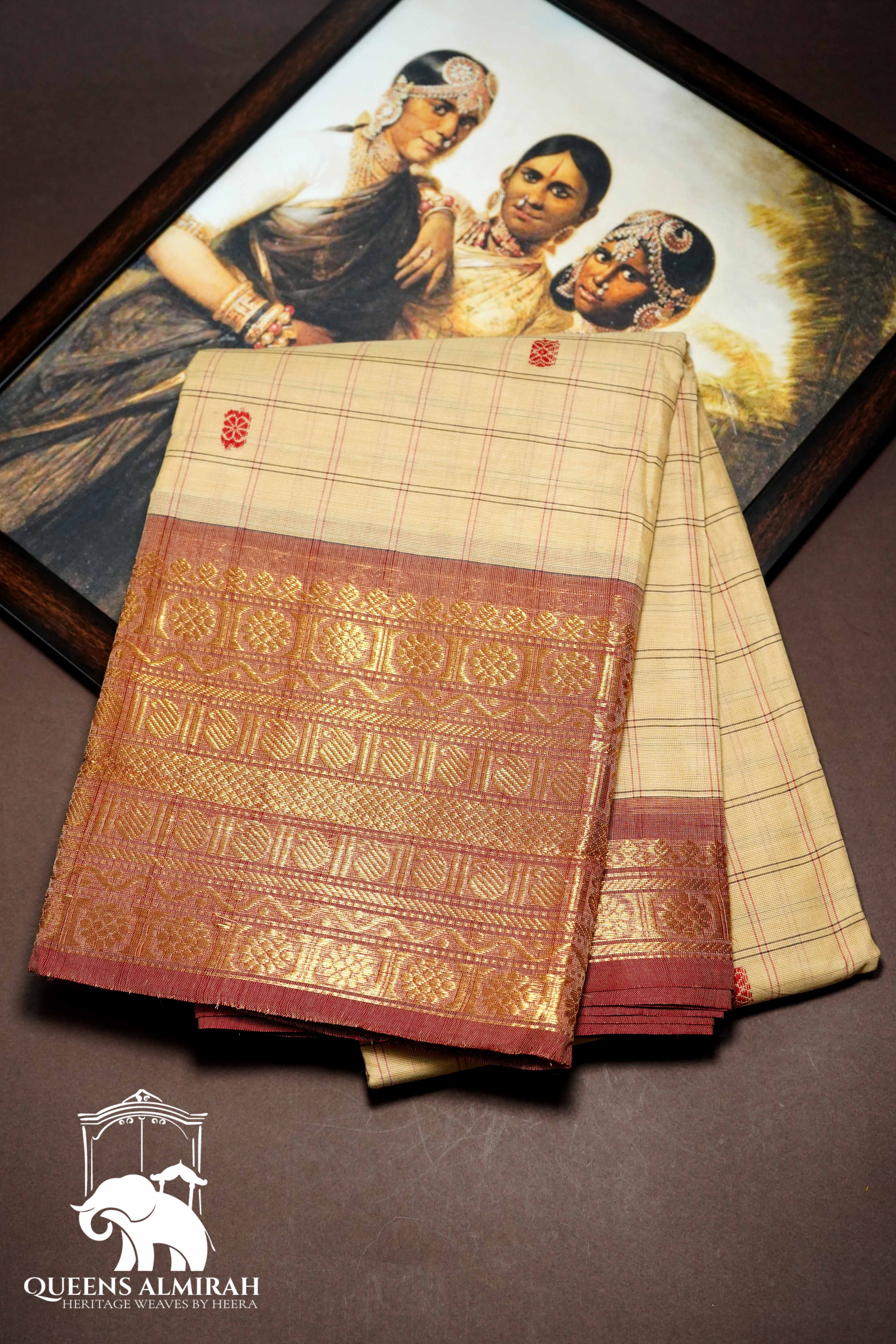 DEEP PEACH WITH COPPER RUST KANCHI COTTON SAREE - Queens Jewel Emporium