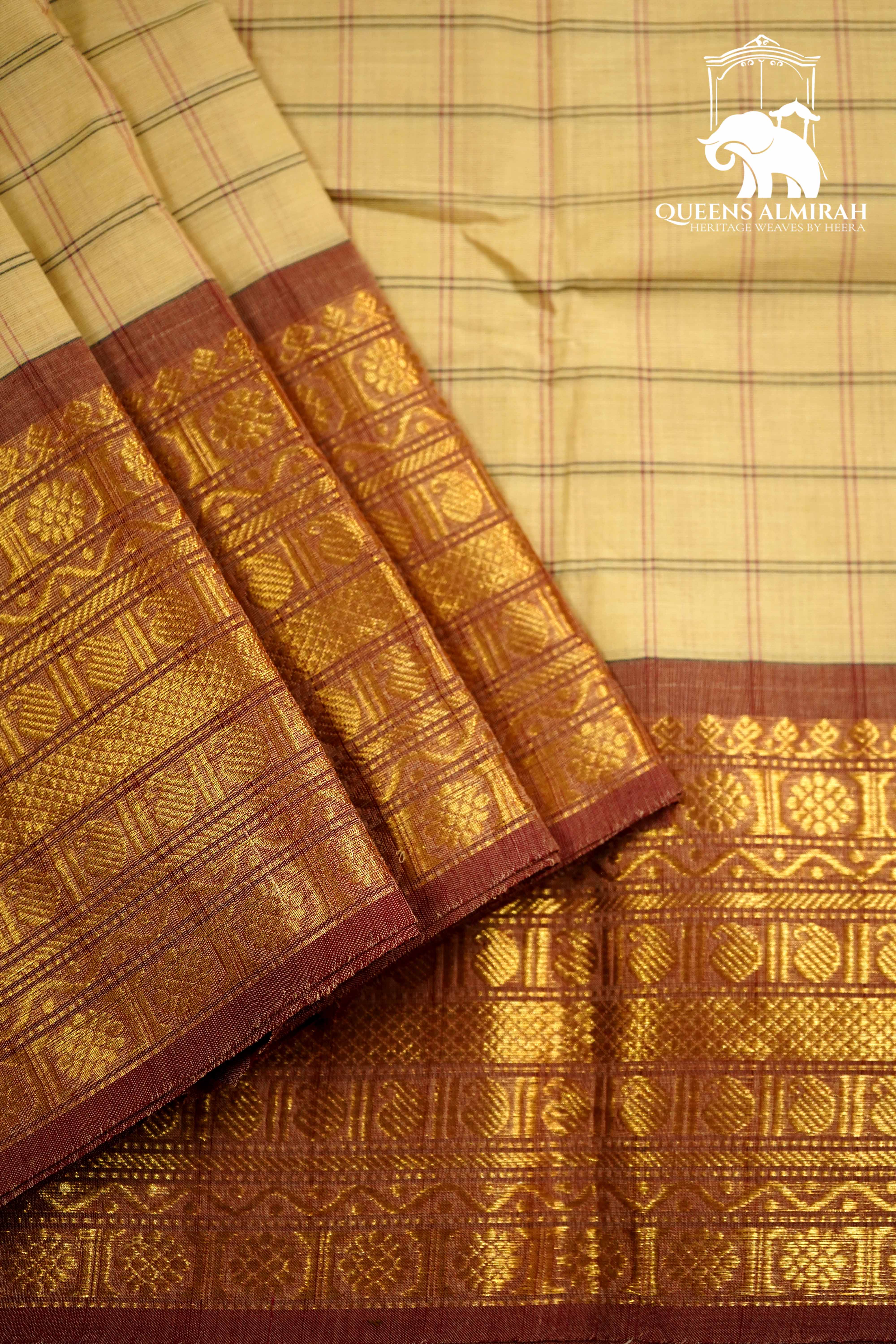 DEEP PEACH WITH COPPER RUST KANCHI COTTON SAREE - Queens Jewel Emporium