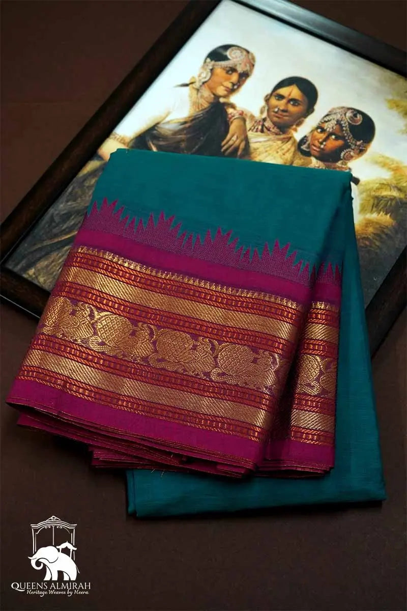 DEEP TEAL WITH MAGENTA KORVAI KANCHI COTTON SAREE - Queens Jewel Emporium