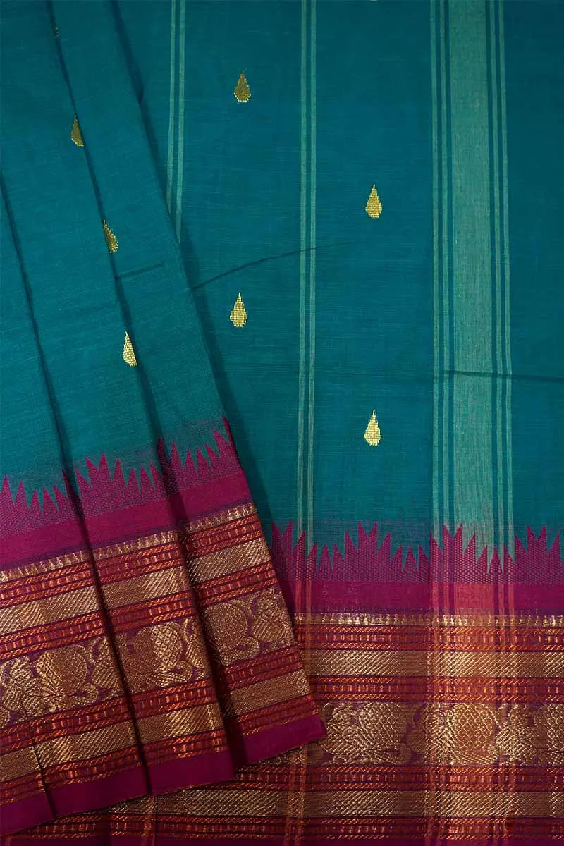 DEEP TEAL WITH MAGENTA KORVAI KANCHI COTTON SAREE - Queens Jewel Emporium