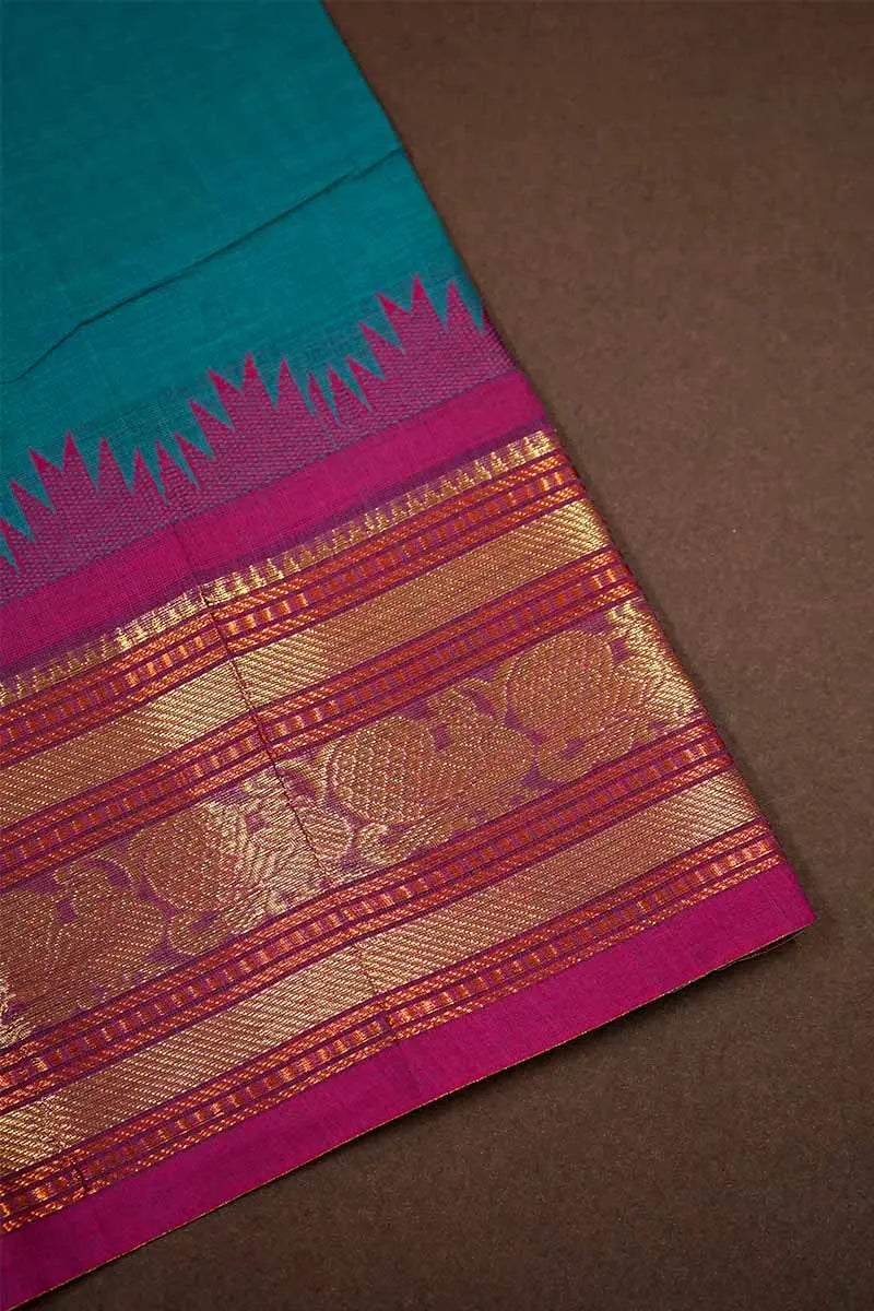 DEEP TEAL WITH MAGENTA KORVAI KANCHI COTTON SAREE - Queens Jewel Emporium