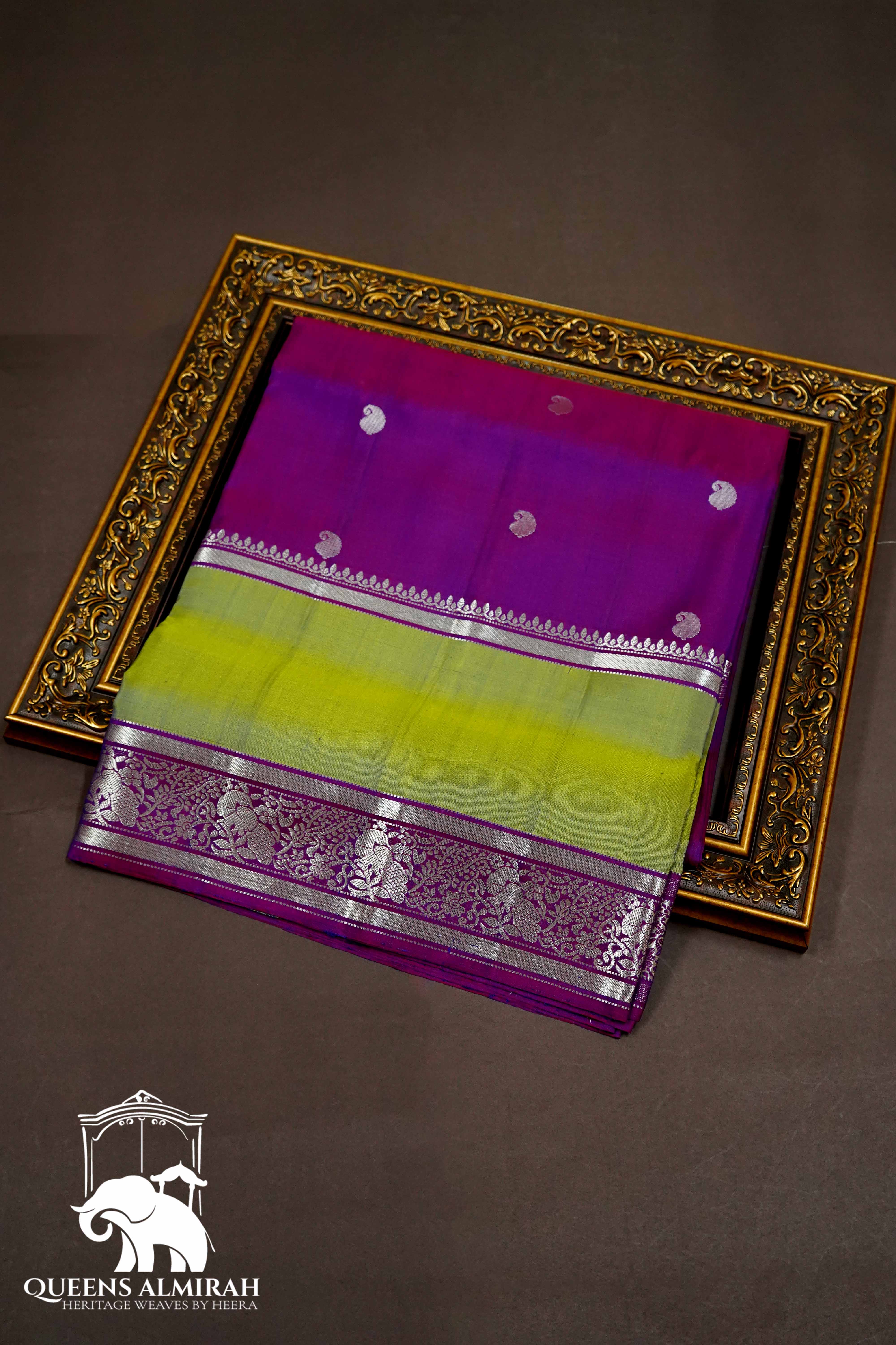 DEEP VIOLET WITH CAMO GREEN SOFT SILK SAREE - Queens Jewel Emporium