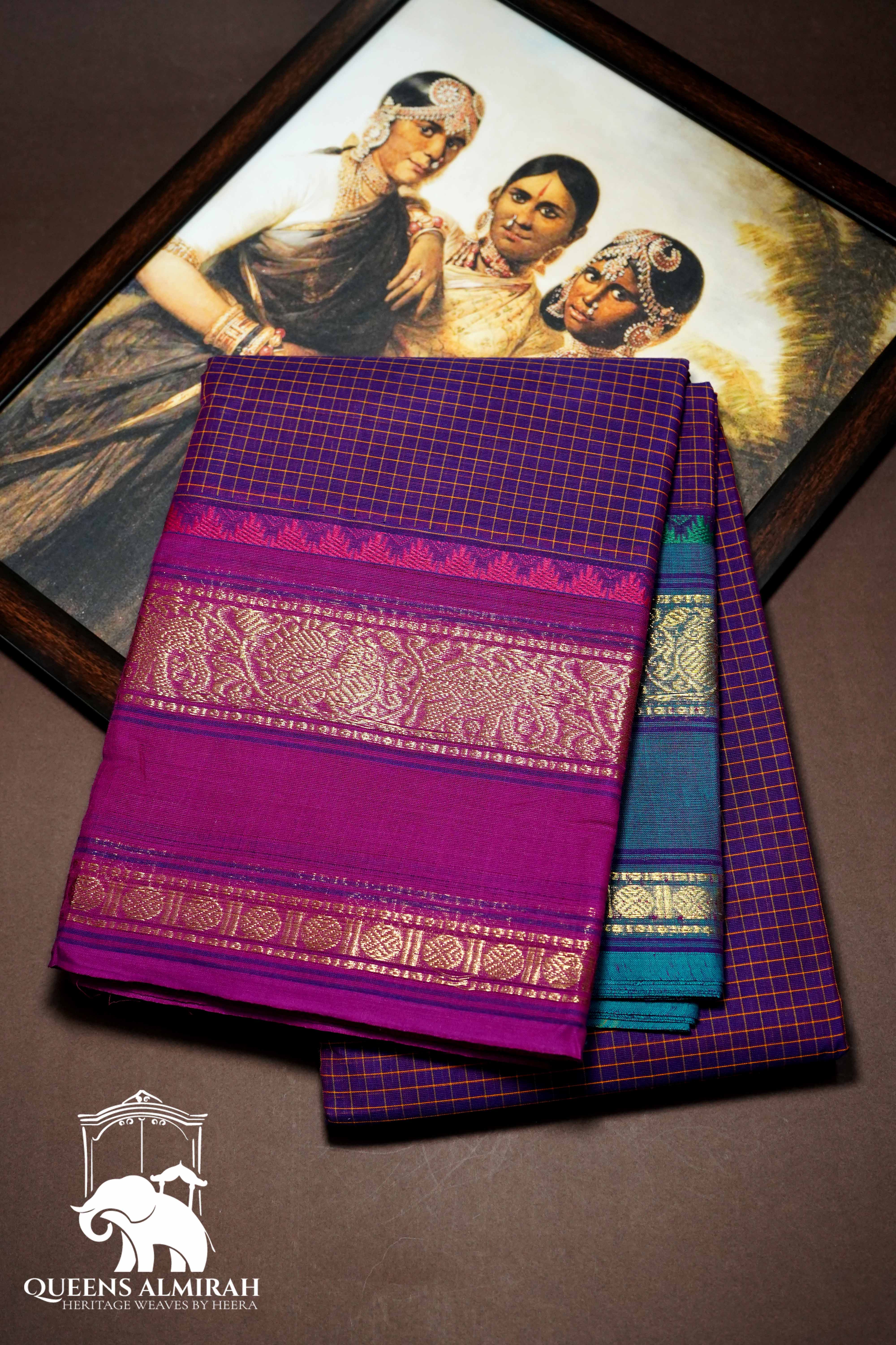 DEEP VIOLET WITH RICH PURPLE AND DEEP AQUA BLUE KANCHI COTTON SAREE - Queens Jewel Emporium