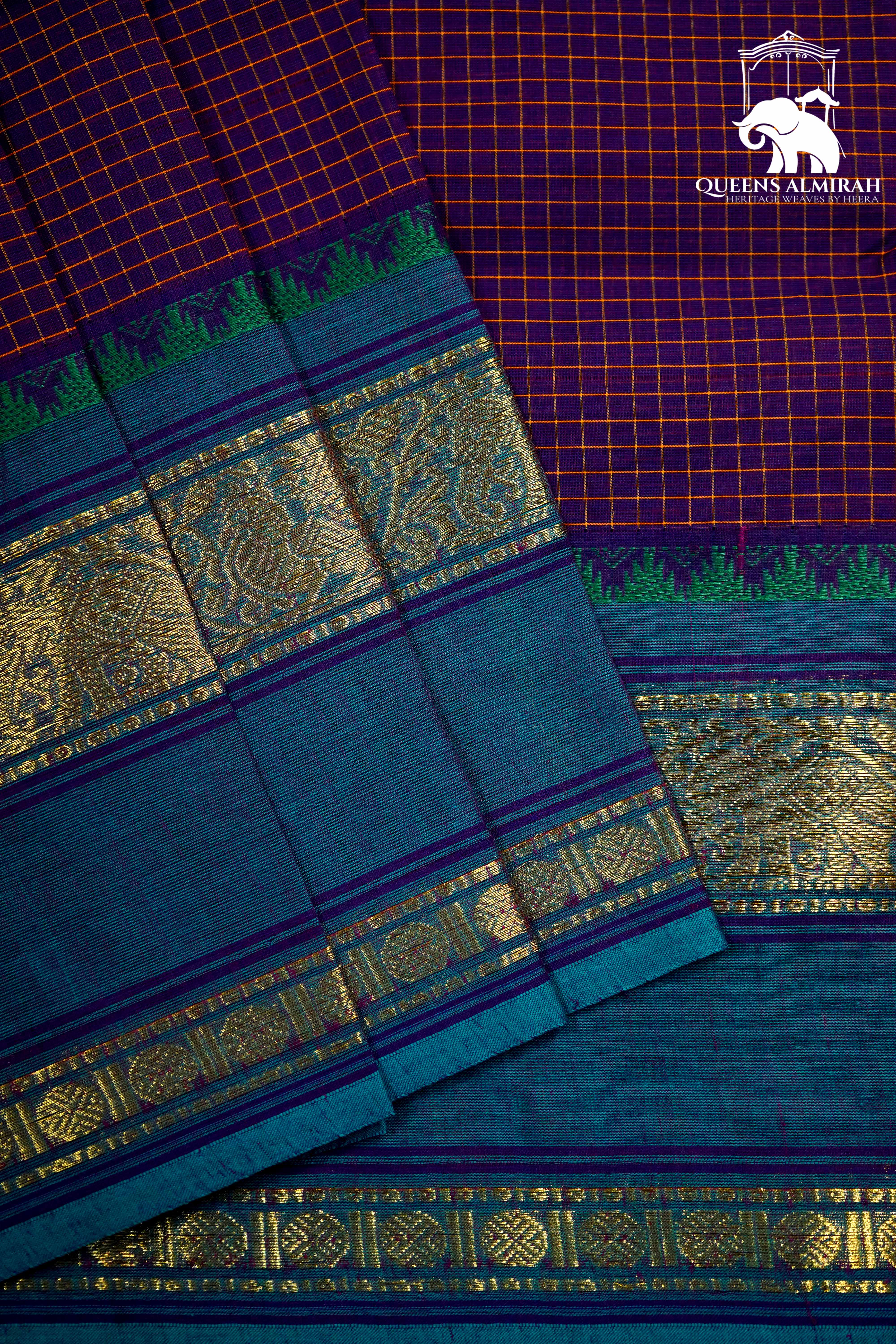 DEEP VIOLET WITH RICH PURPLE AND DEEP AQUA BLUE KANCHI COTTON SAREE - Queens Jewel Emporium