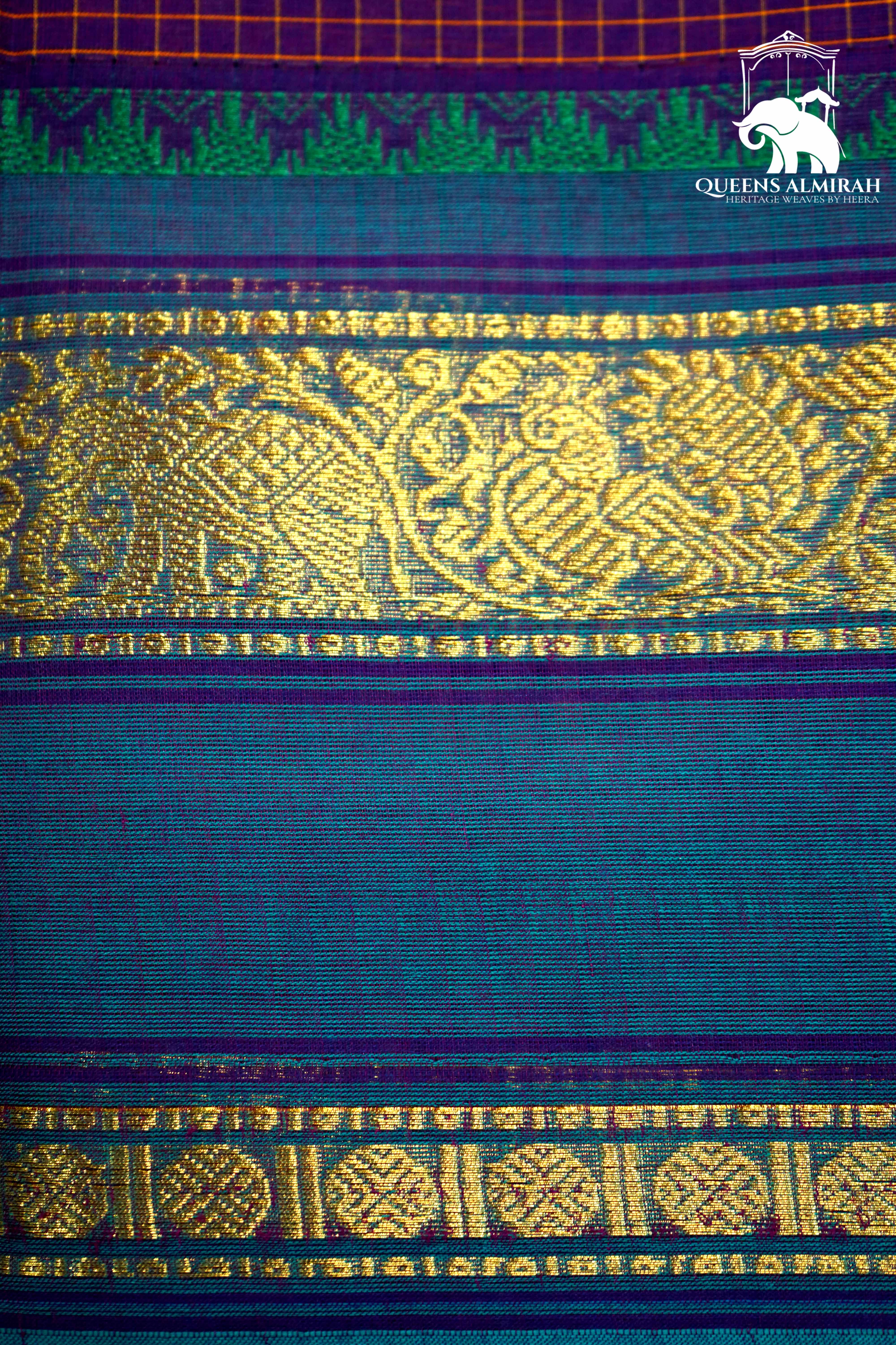 DEEP VIOLET WITH RICH PURPLE AND DEEP AQUA BLUE KANCHI COTTON SAREE - Queens Jewel Emporium