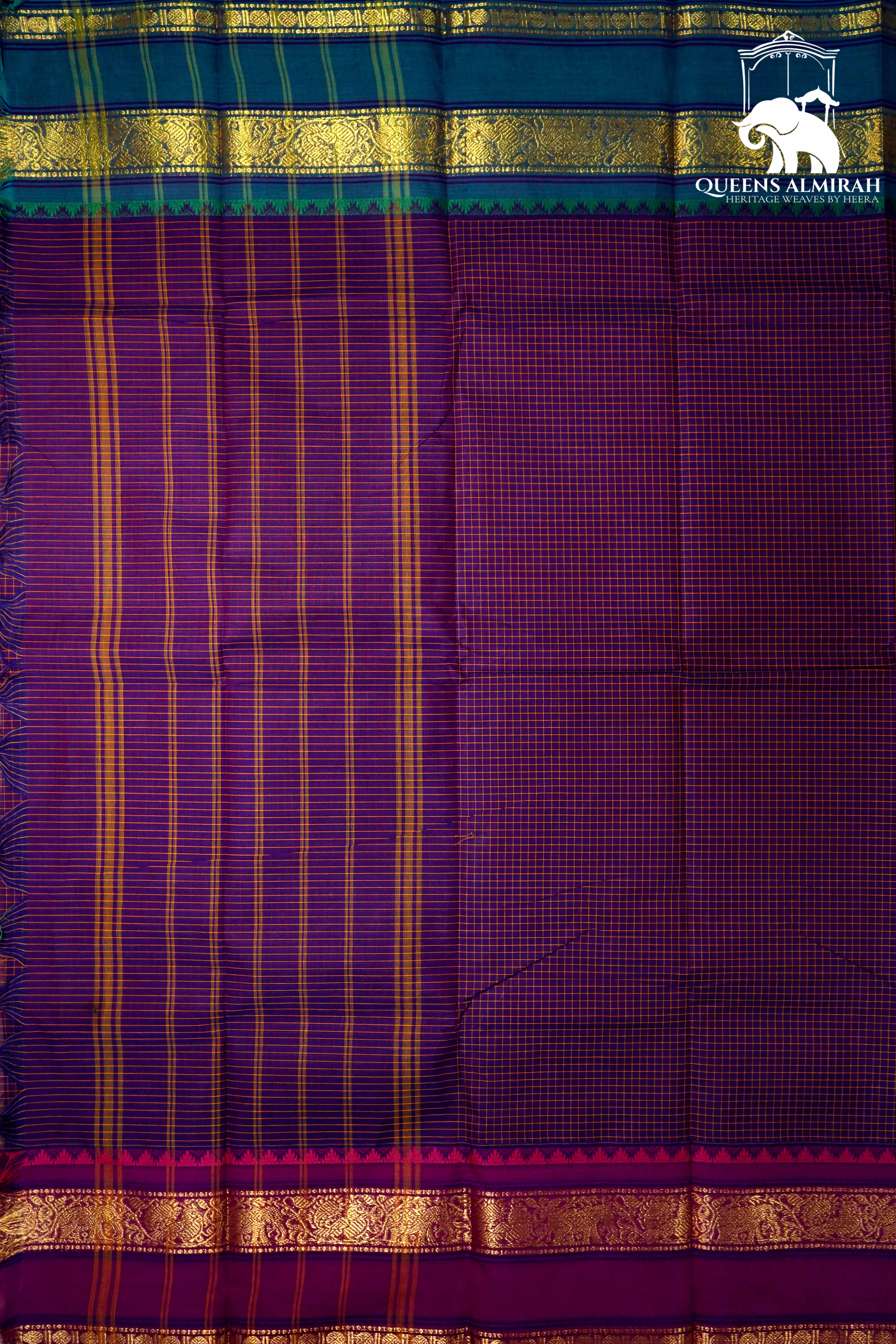 DEEP VIOLET WITH RICH PURPLE AND DEEP AQUA BLUE KANCHI COTTON SAREE - Queens Jewel Emporium