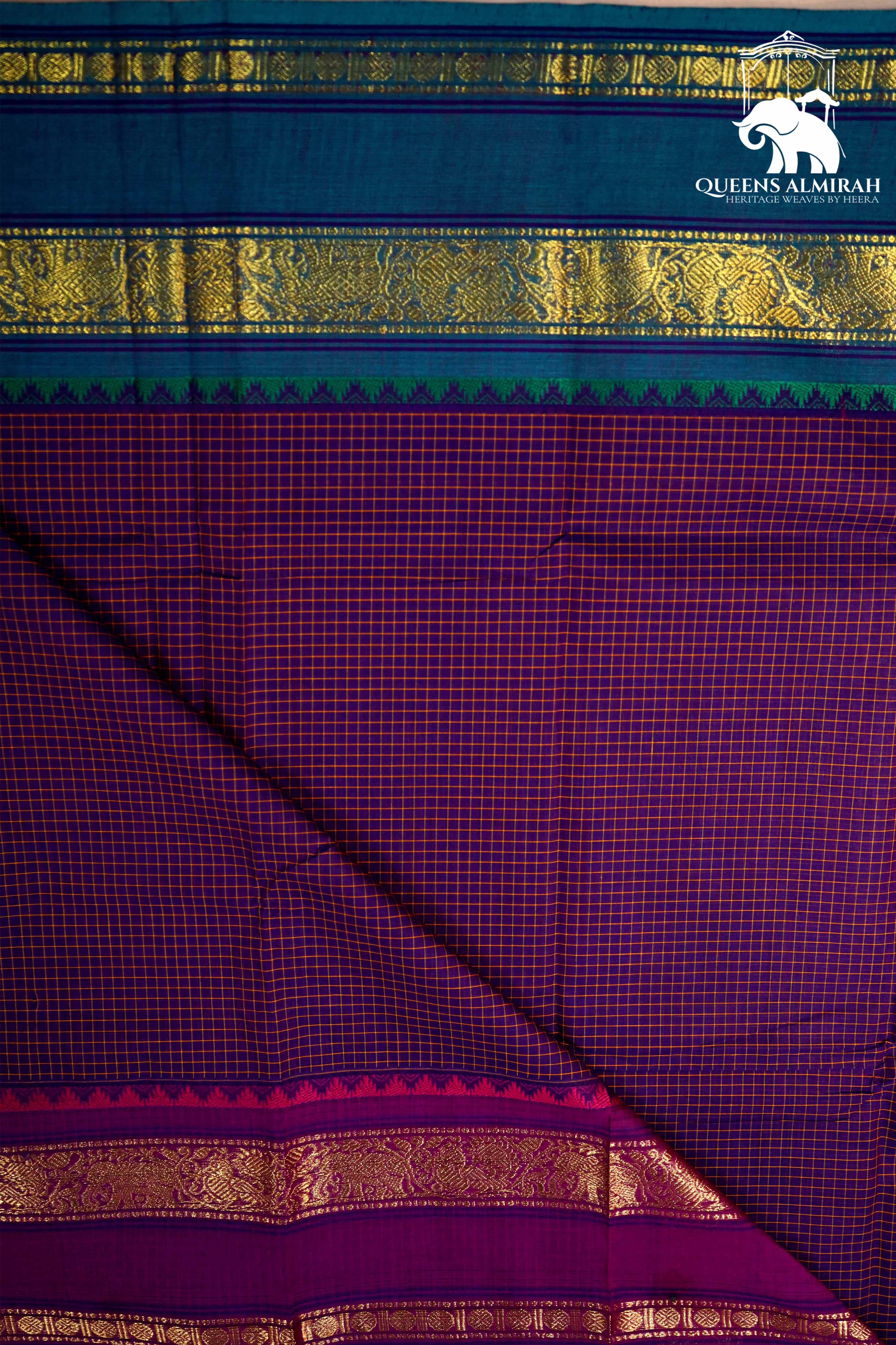 DEEP VIOLET WITH RICH PURPLE AND DEEP AQUA BLUE KANCHI COTTON SAREE - Queens Jewel Emporium