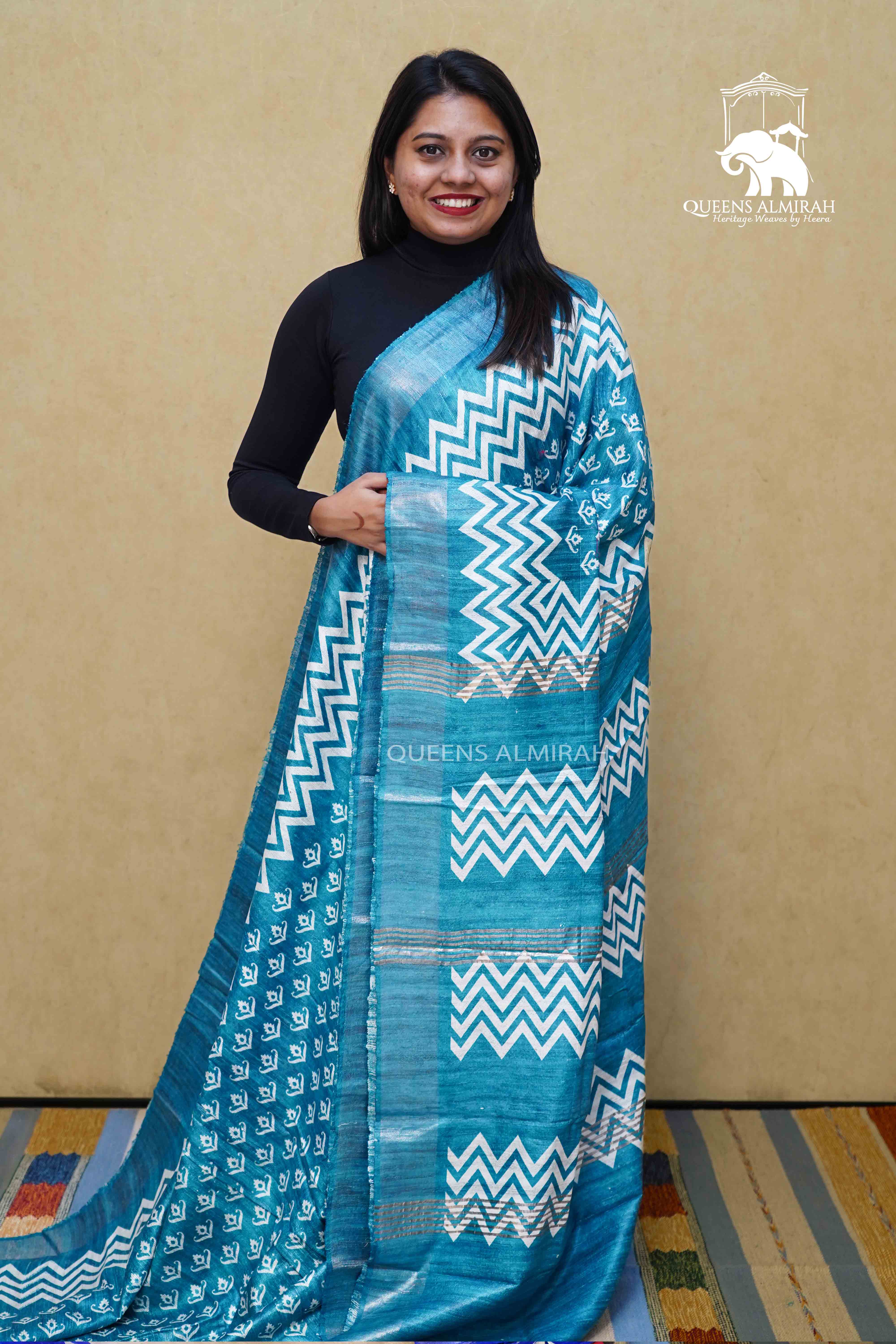DIRTY BLUE GHICHA TUSSAR SILK SAREE - Queens Jewel Emporium