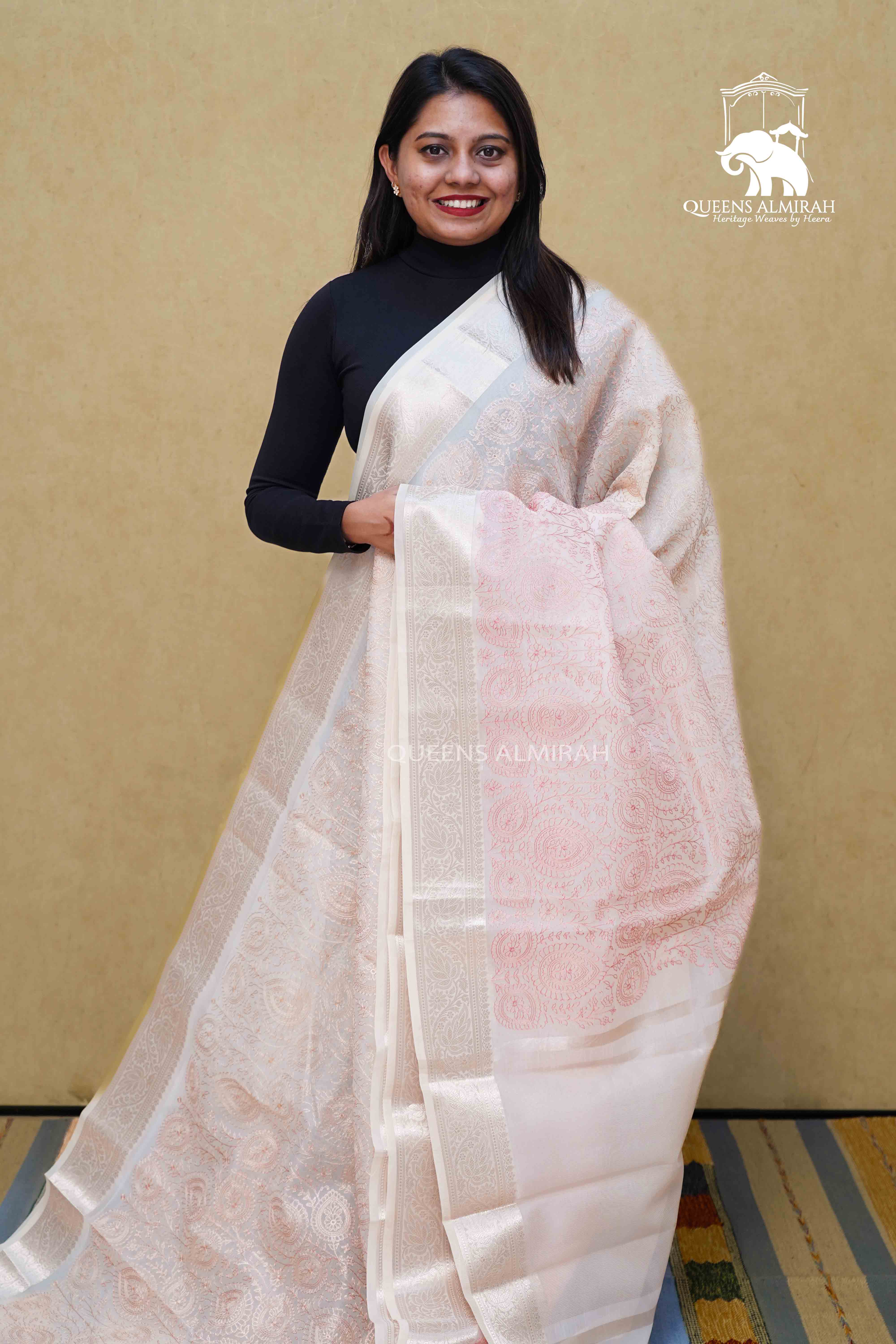 DOUBLE SPANISH WHITE ORGANZA SAREE - Queens Jewel Emporium