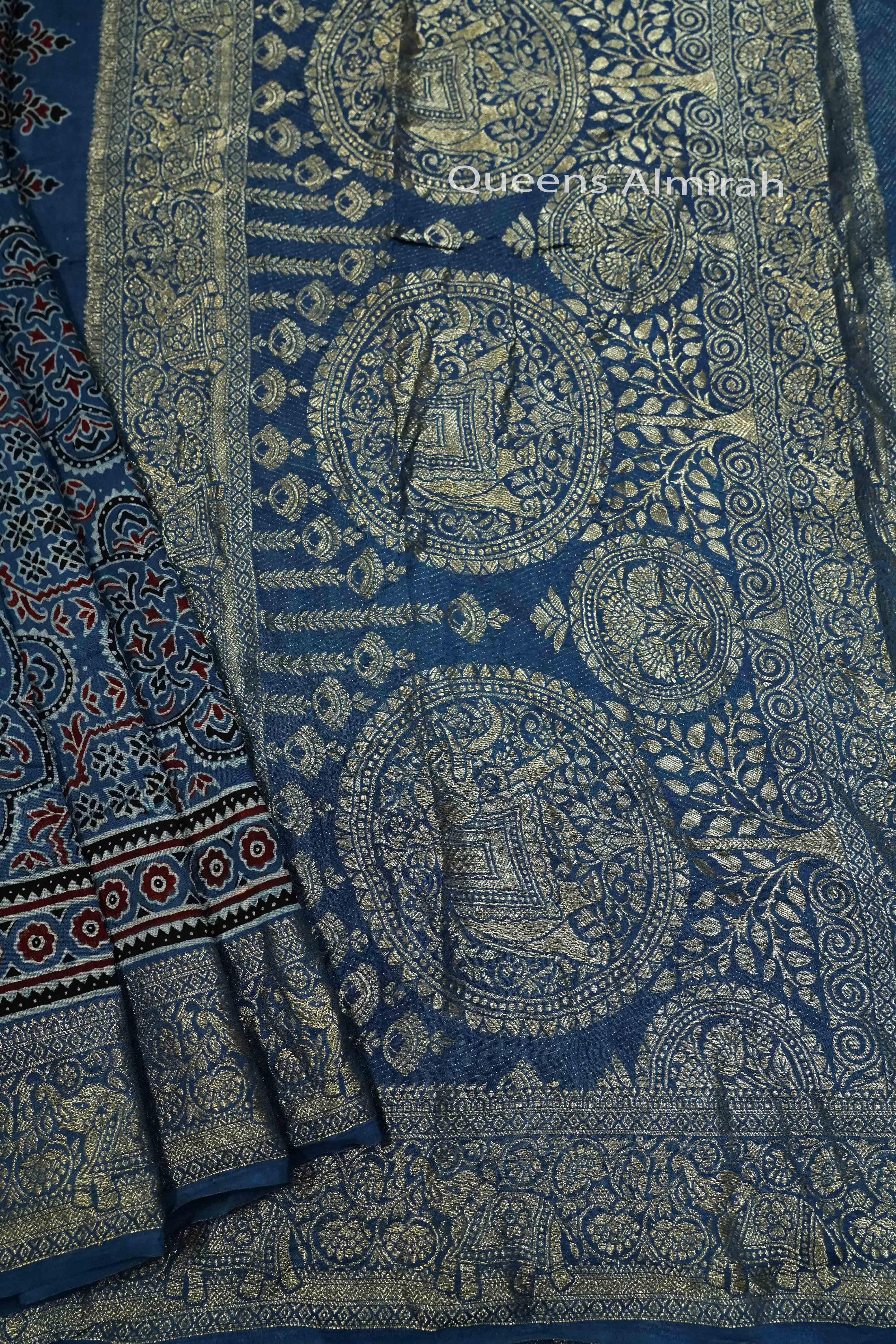 DUSKY BLUE DOLA AJARAKH SILK SAREE 2 - Queens Jewel Emporium