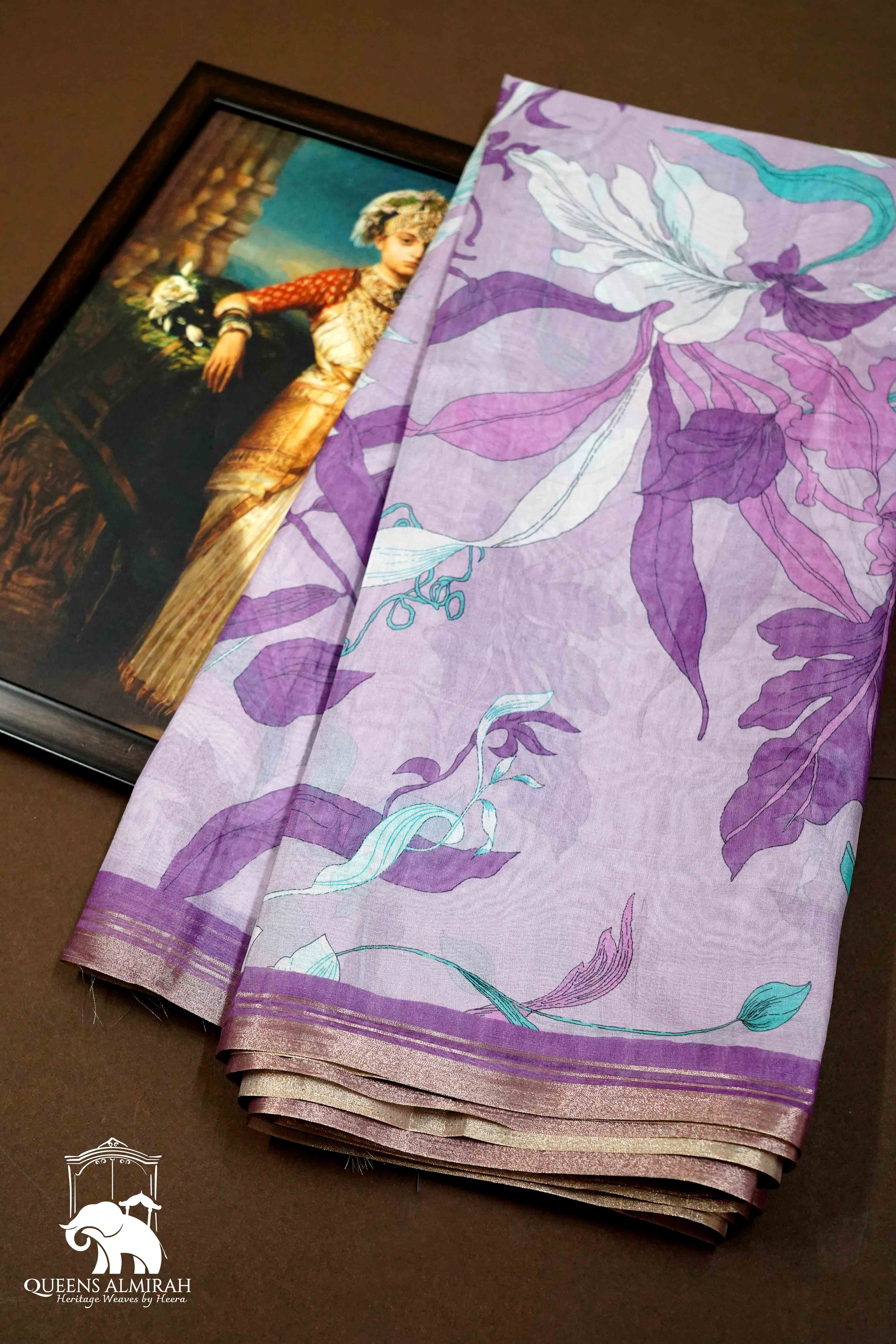 DUSKY LAVENDER PRINTED ORGANZA SAREE - Queens Jewel Emporium