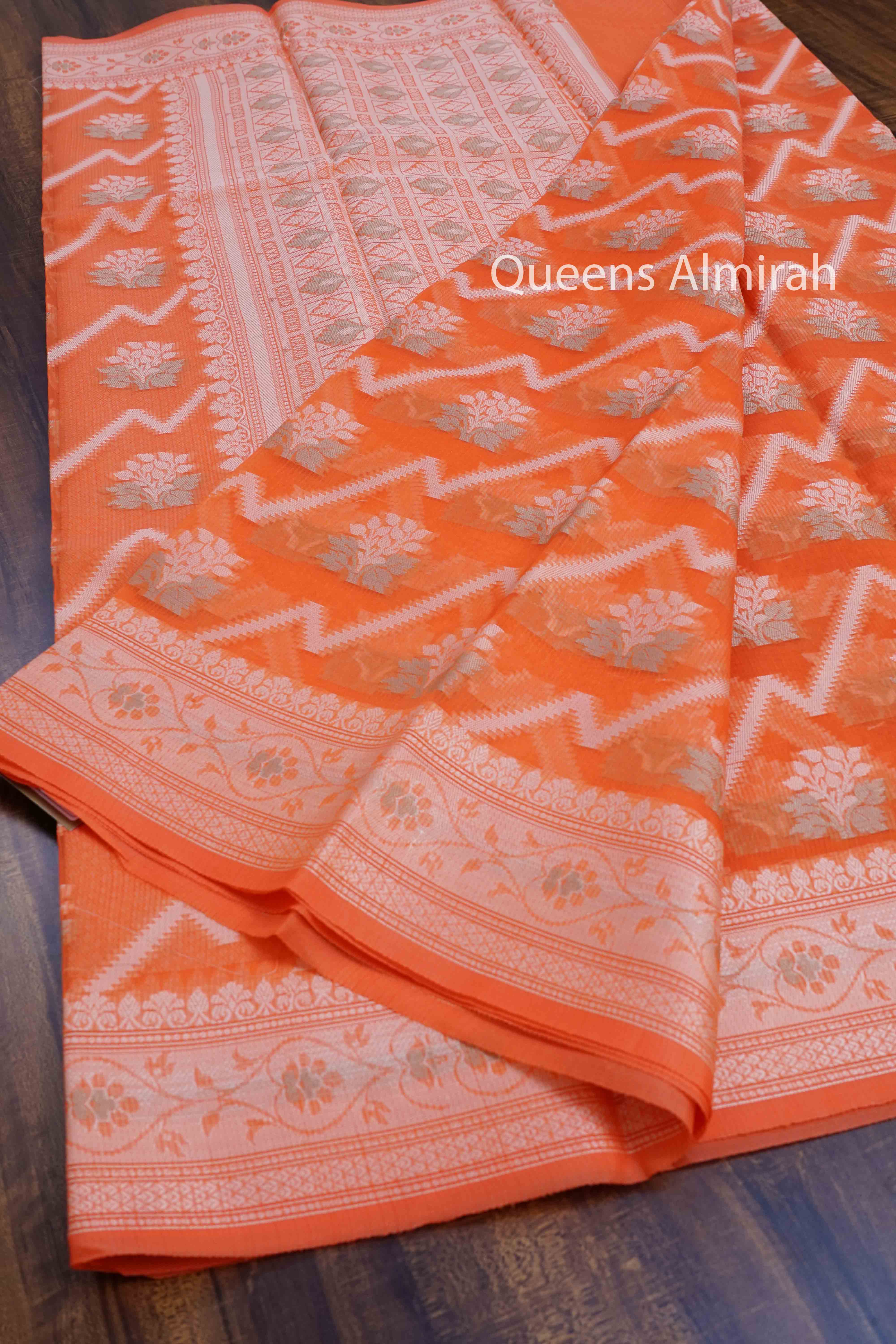 DUSKY ORANGE KOTA SILK COTTON SAREE - Queens Jewel Emporium