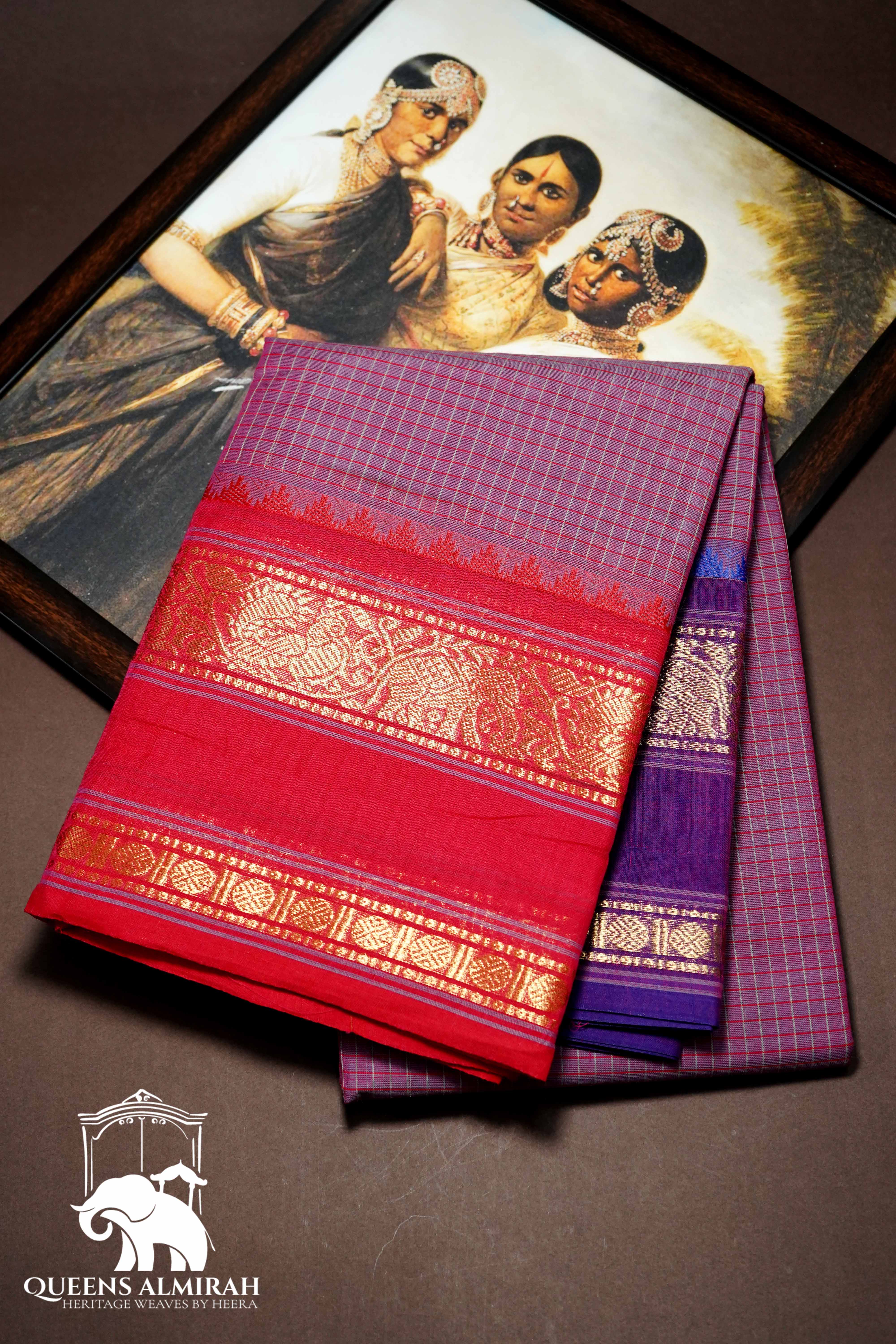 DUSTY LAVENDER WITH BRICK RED AND PURPLE KANCHI COTTON SAREE - Queens Jewel Emporium