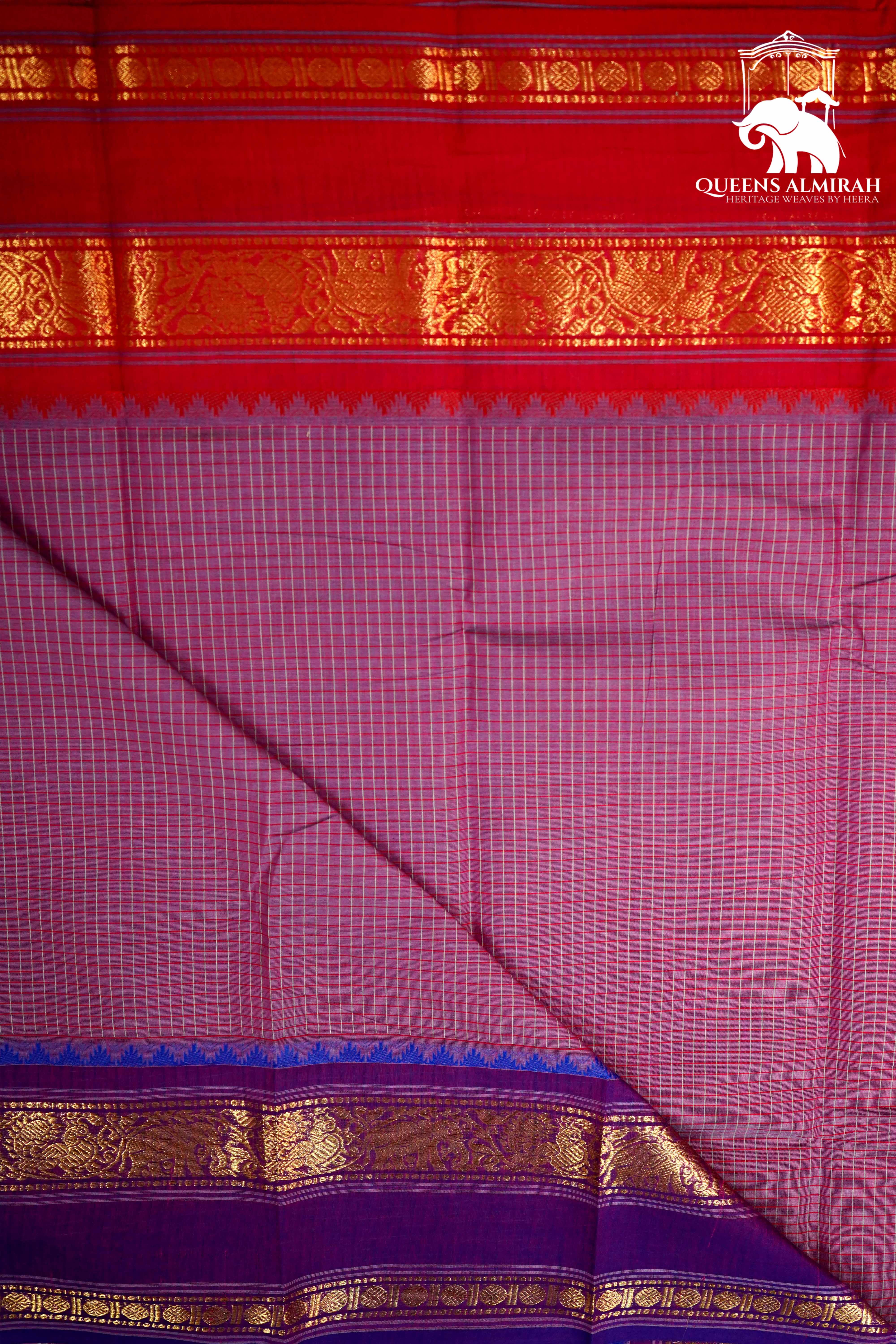 DUSTY LAVENDER WITH BRICK RED AND PURPLE KANCHI COTTON SAREE - Queens Jewel Emporium