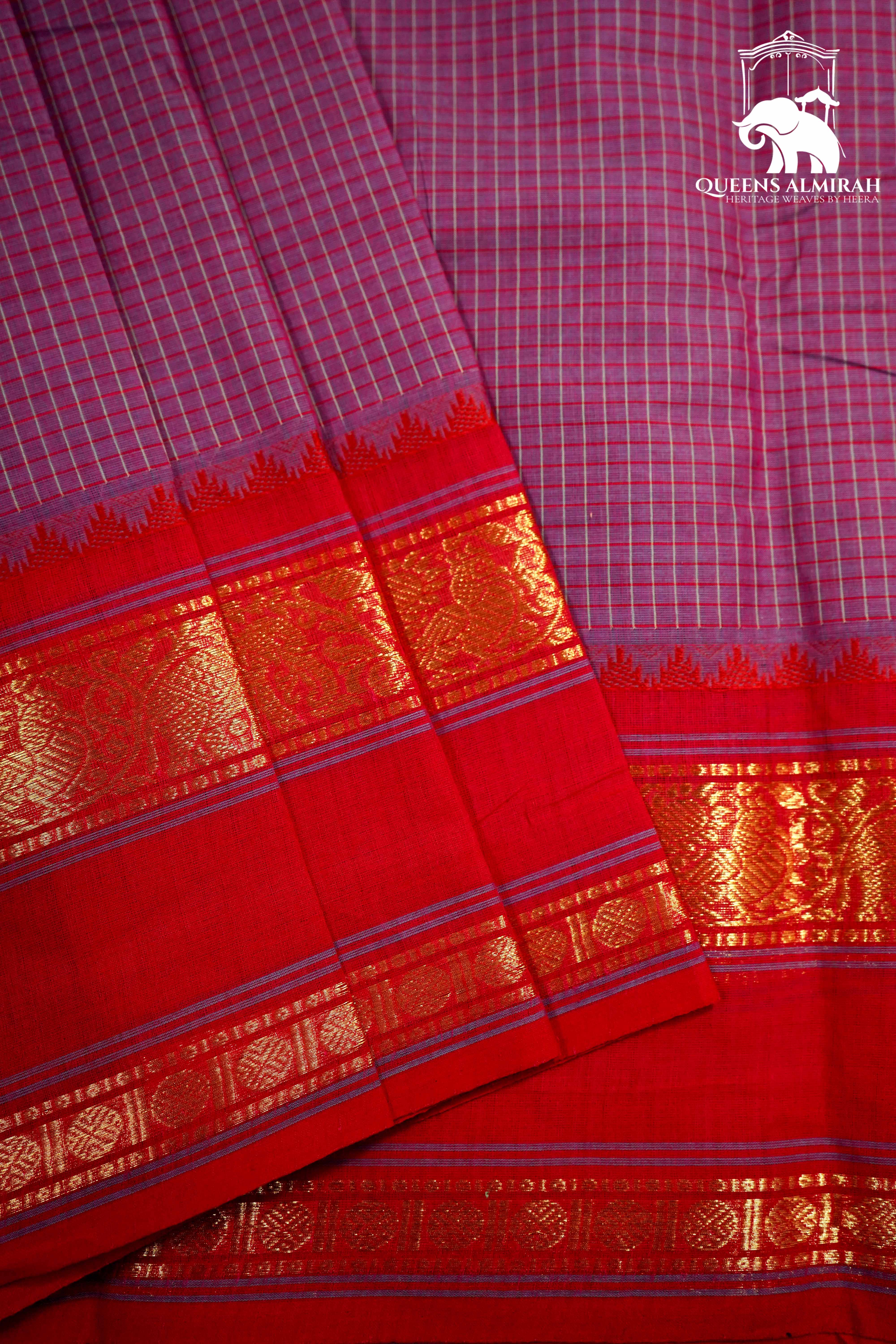 DUSTY LAVENDER WITH BRICK RED AND PURPLE KANCHI COTTON SAREE - Queens Jewel Emporium
