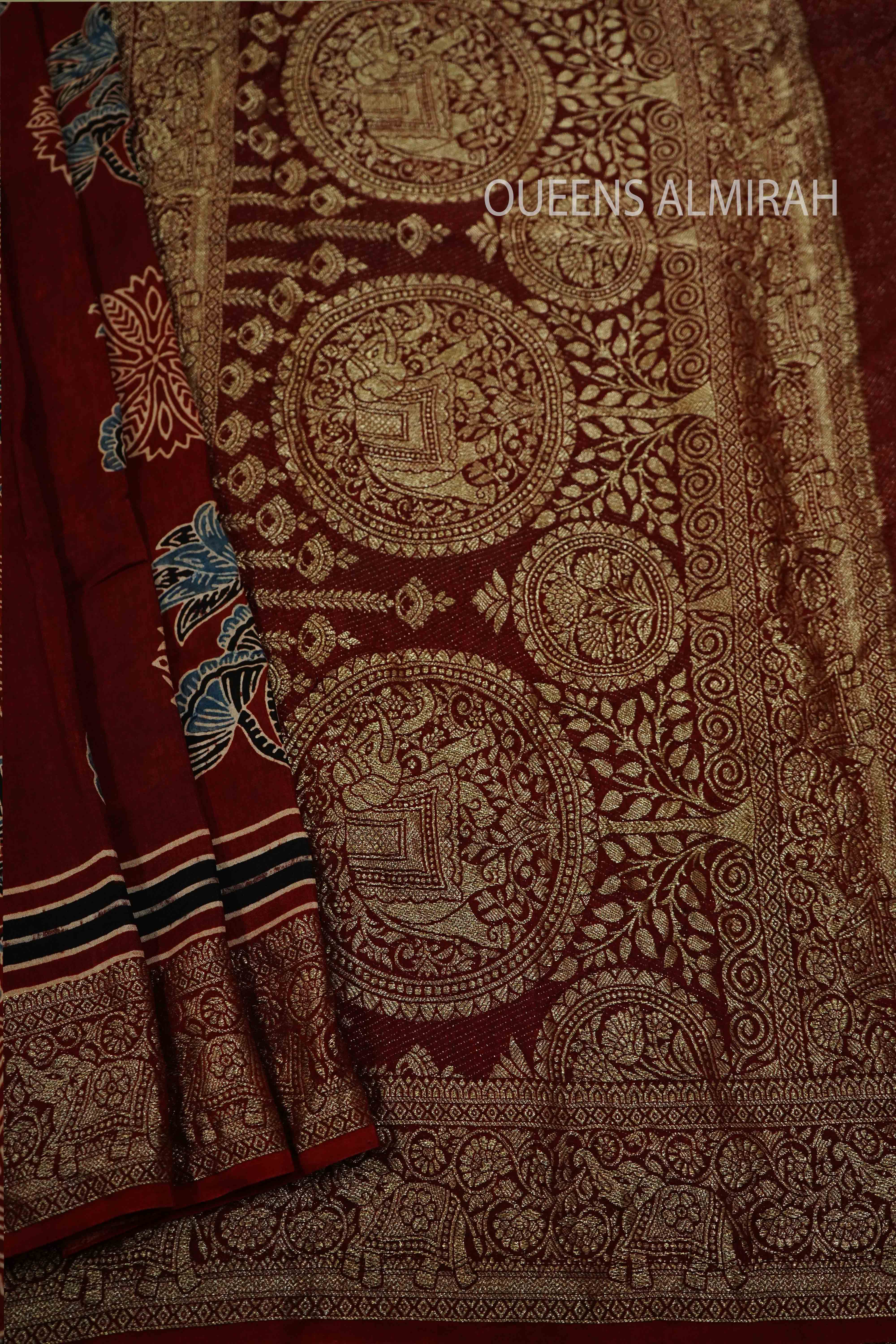 DUSTY RED DOLA AJARAKH SILK SAREE - Queens Jewel Emporium
