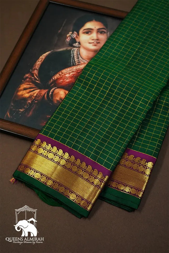 DARK GREEN WITH GREY PURPLE PURE KANCHIVARAM SILK SAREE - Queens Jewel Emporium