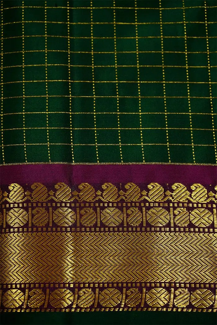 DARK GREEN WITH GREY PURPLE PURE KANCHIVARAM SILK SAREE - Queens Jewel Emporium