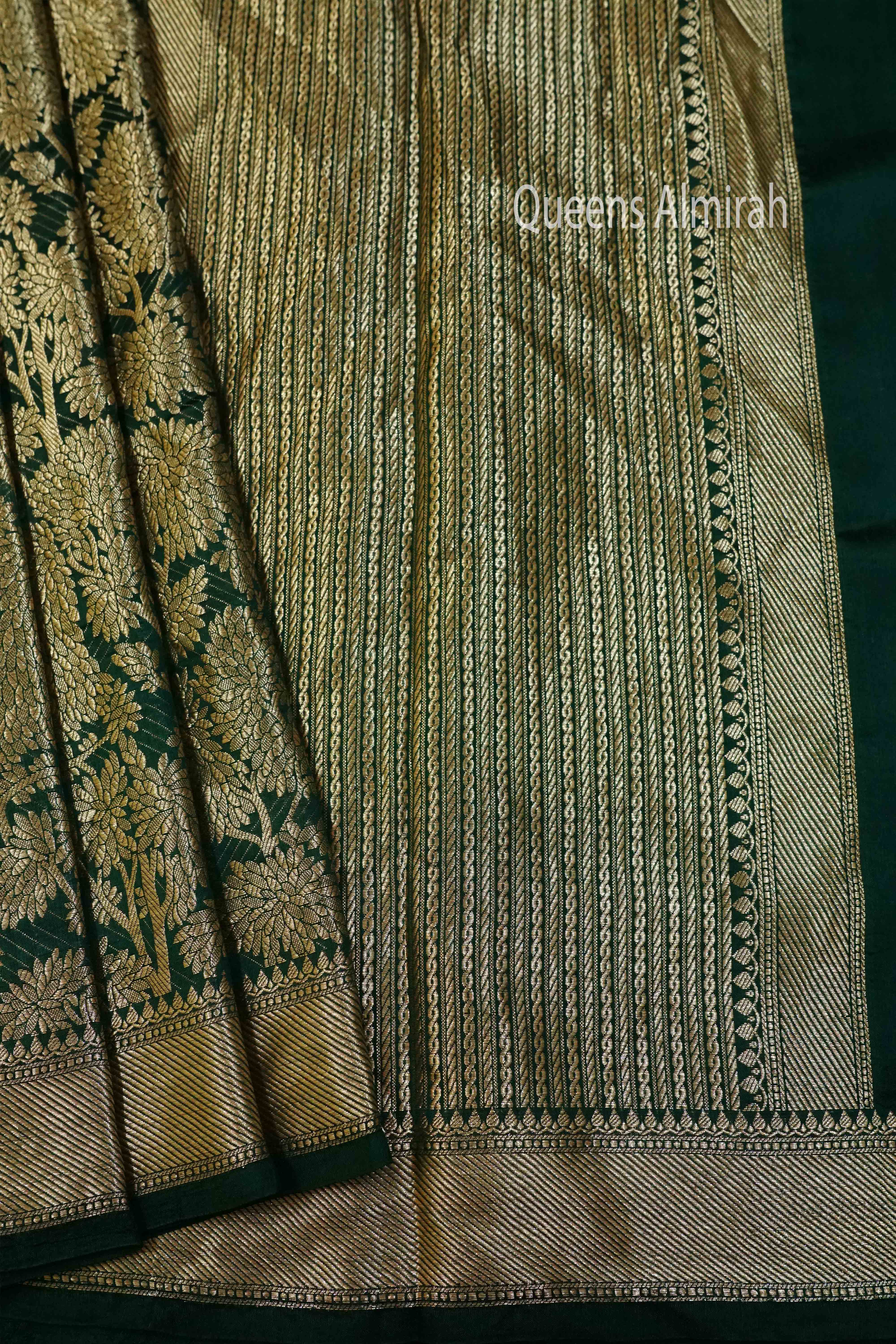 DARK  LEAF GREEN BANARASI SILK SAREE - Queens Jewel Emporium