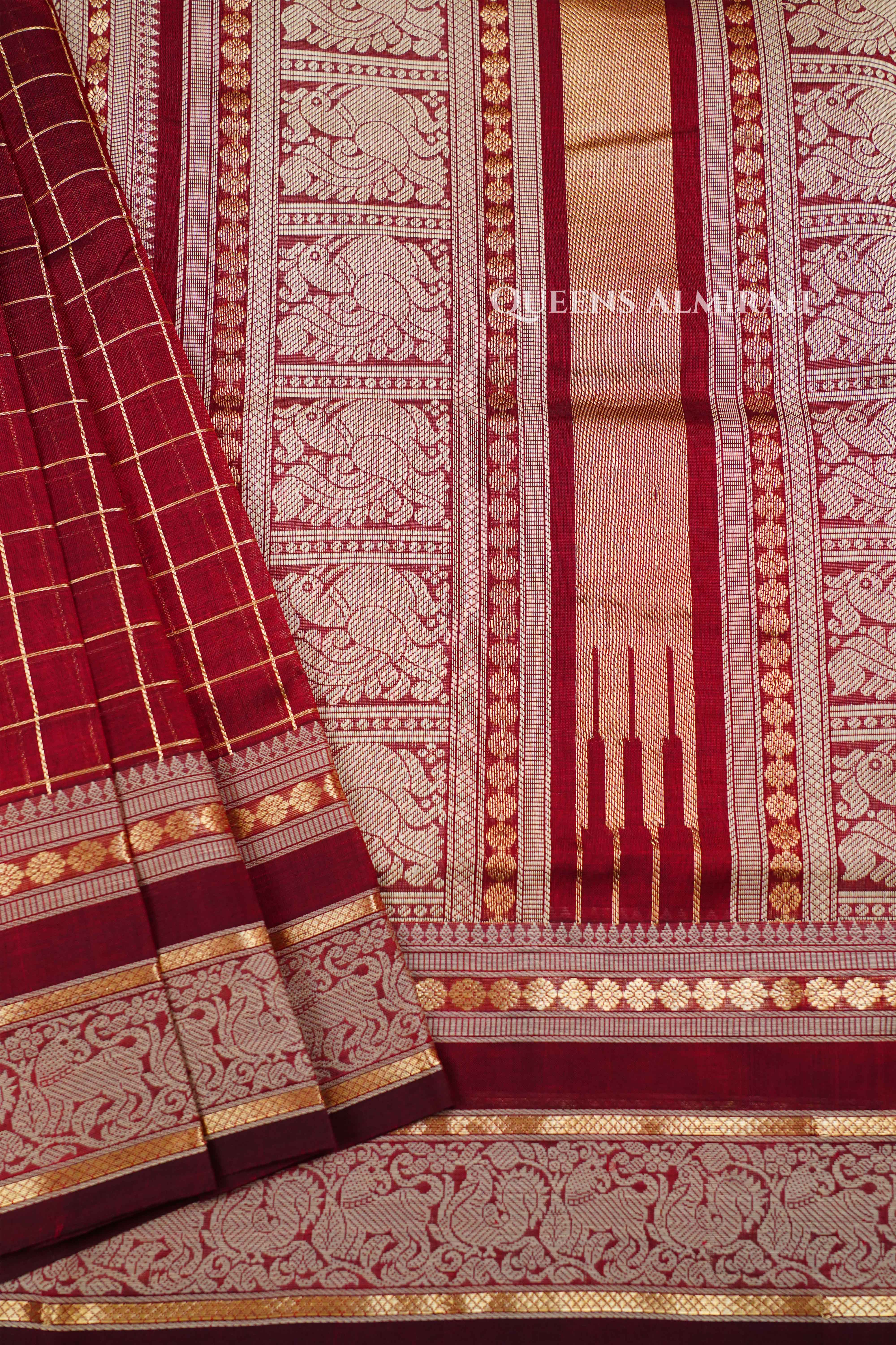 Deep Maroon -Karaikudi Chettinad Silk Cotton Saree QUEENS ALMIRAH