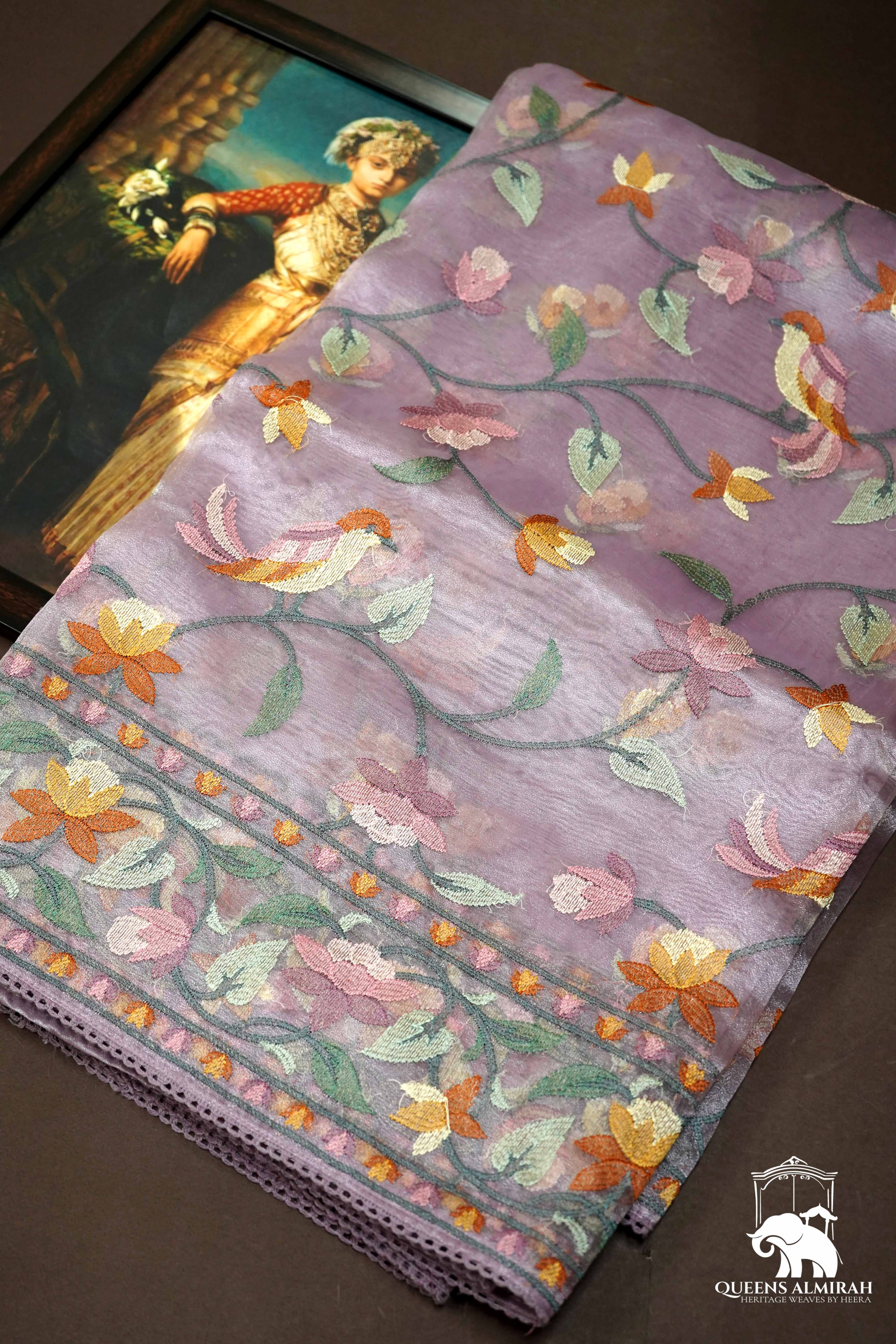 FADED PURPLE WITH WOVEN BORDER ORGANZA SAREE - Queens Jewel Emporium