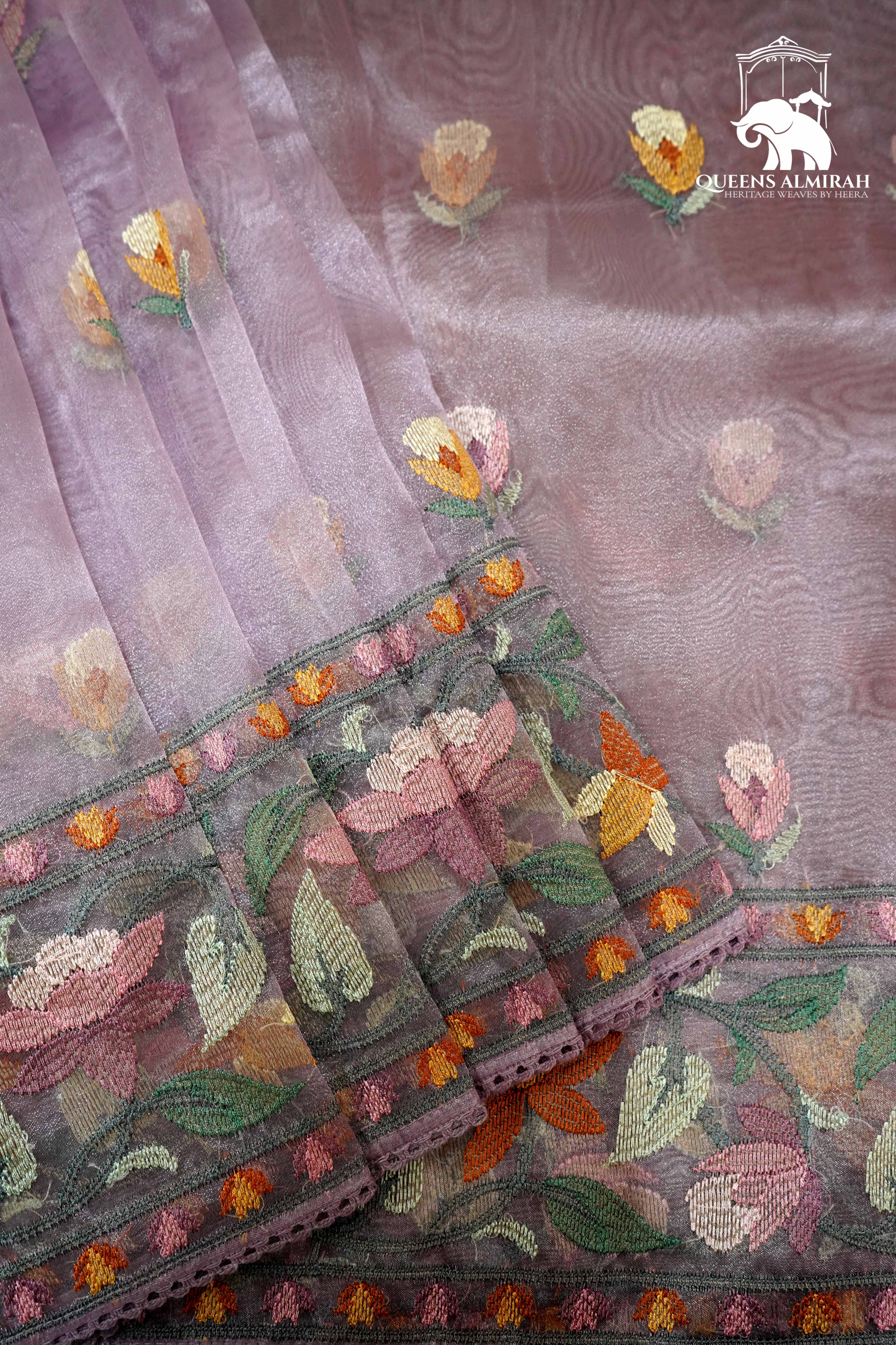 FADED PURPLE WITH WOVEN BORDER ORGANZA SAREE - Queens Jewel Emporium