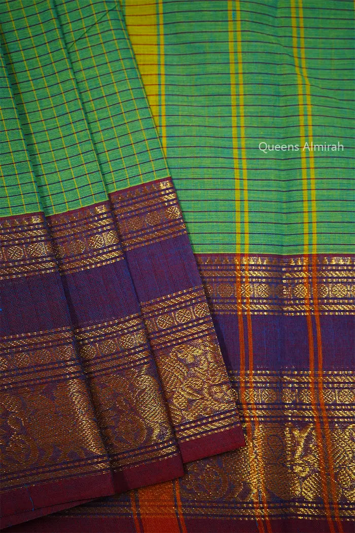 FROG GREEN WITH MUTED PURPLE KANCHI COTTON SAREE - Queens Jewel Emporium