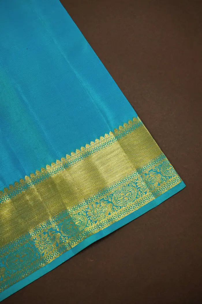 GREEN TEAL WITH OCEAN BLUE PURE KANCHIVARAM SILK SAREE - Queens Jewel Emporium