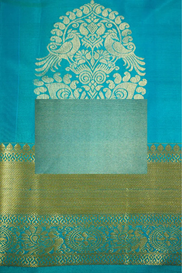 GREEN TEAL WITH OCEAN BLUE PURE KANCHIVARAM SILK SAREE - Queens Jewel Emporium
