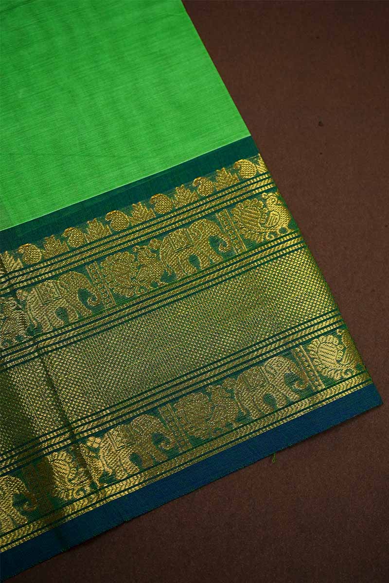 GREEN WITH BLUISH CYAN KANCHI COTTON SAREE - Queens Jewel Emporium