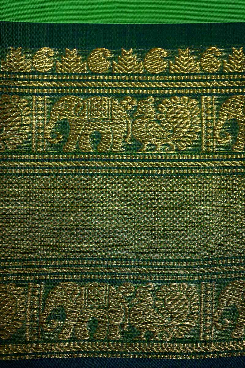 GREEN WITH BLUISH CYAN KANCHI COTTON SAREE - Queens Jewel Emporium