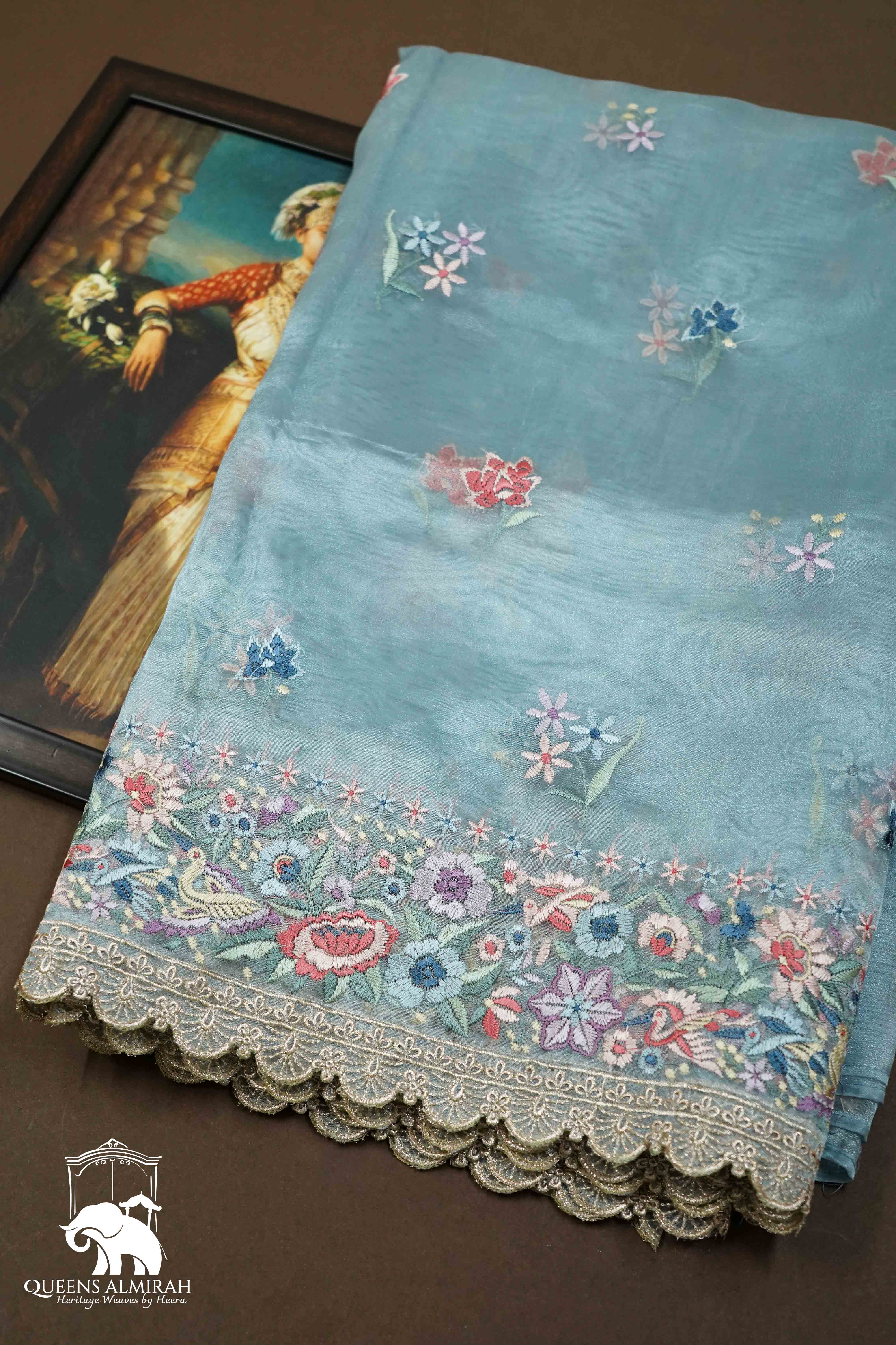 GREY BLUE SILK ORGANZA SAREE - Queens Jewel Emporium