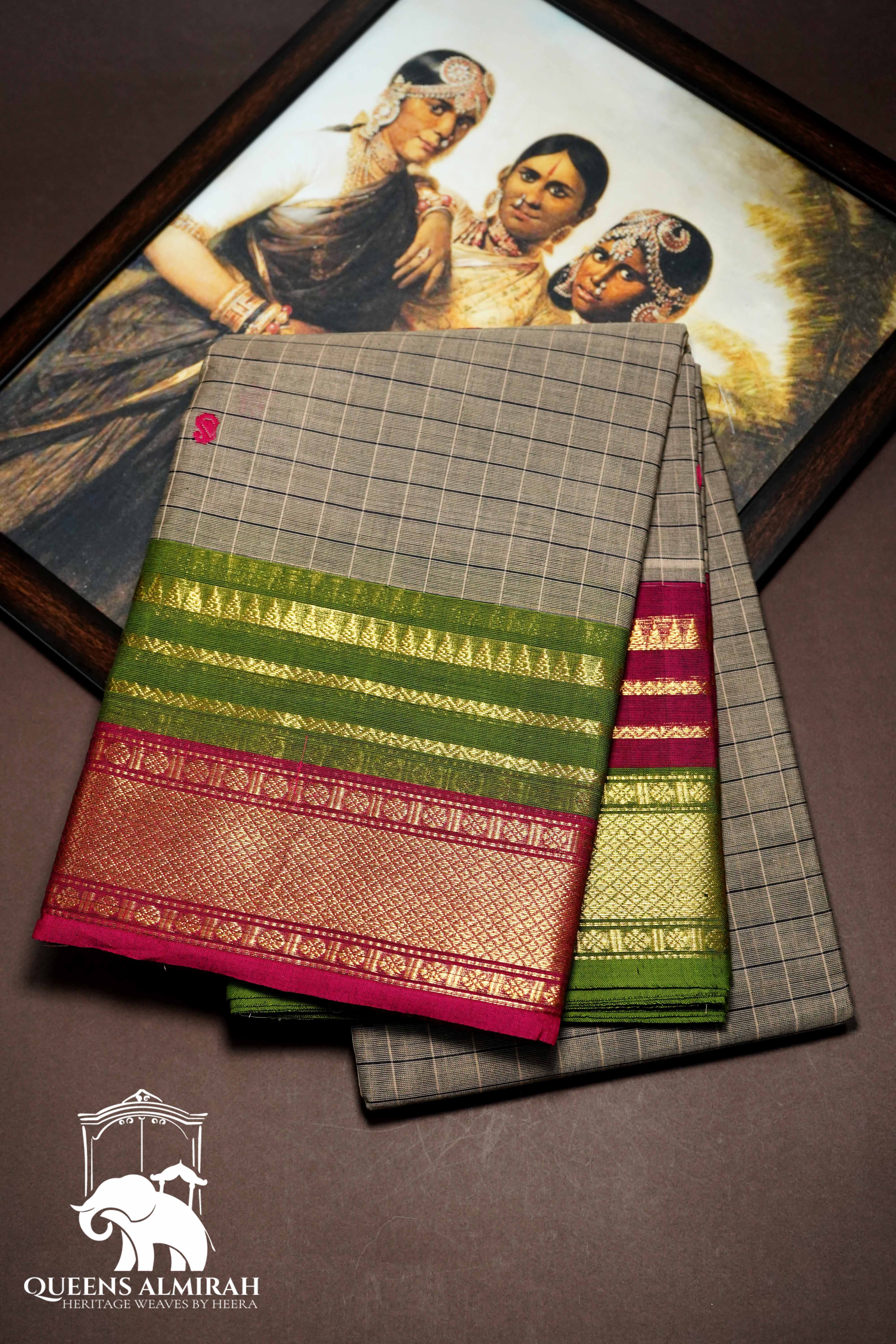 GREY OLIVE WITH GREEN & BERRY PINK KANCHI COTTON SAREE - Queens Jewel Emporium