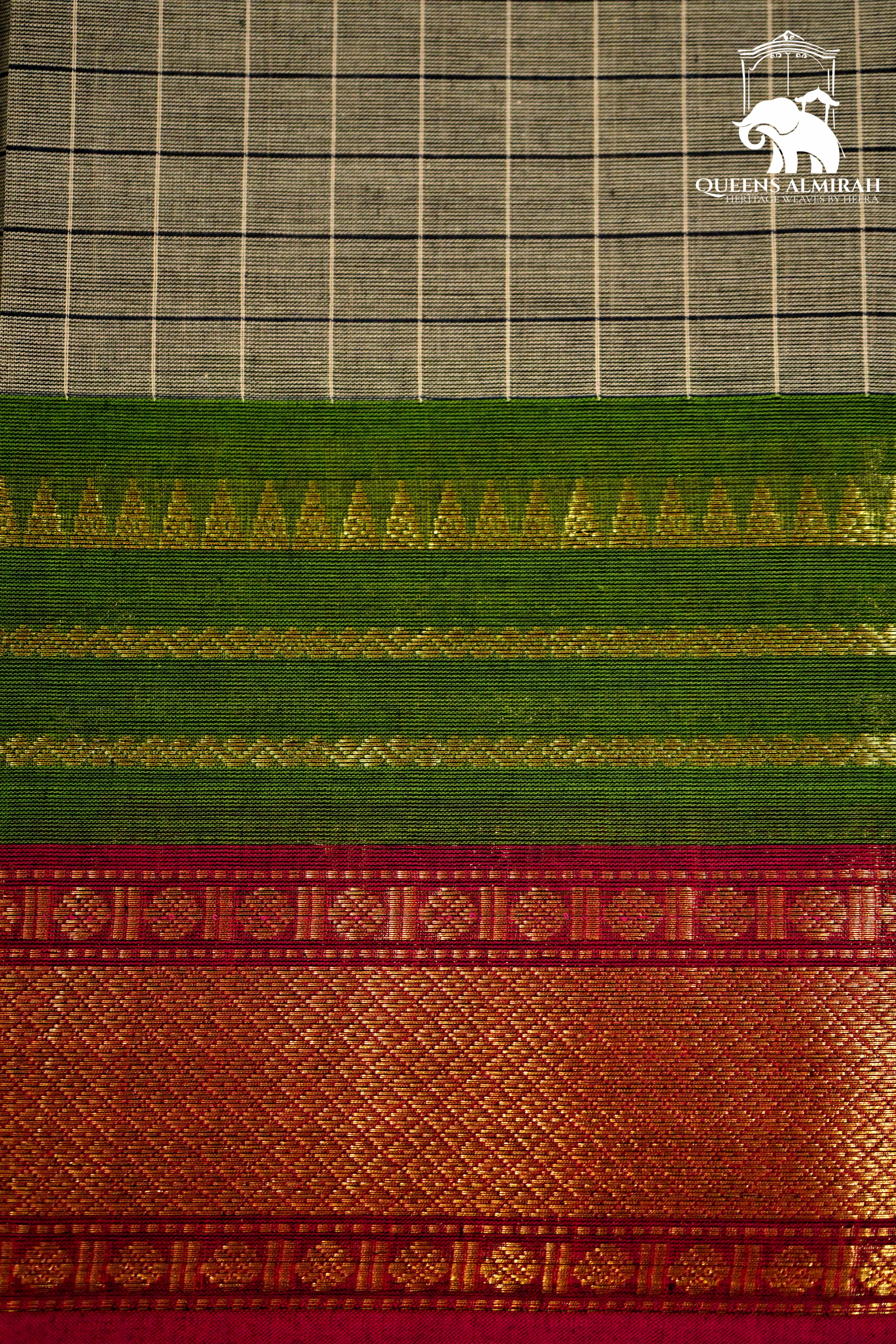 GREY OLIVE WITH GREEN & BERRY PINK KANCHI COTTON SAREE - Queens Jewel Emporium