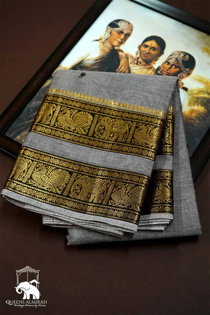 GREY WITH RETTA PETTA GREEN KANCHI COTTON SAREE - Queens Jewel Emporium