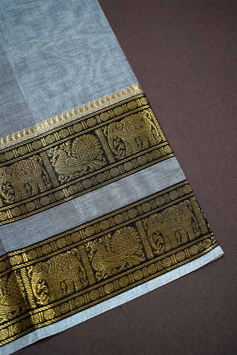 GREY WITH RETTA PETTA GREEN KANCHI COTTON SAREE - Queens Jewel Emporium