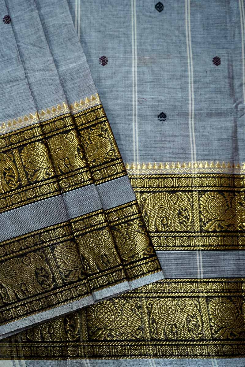 GREY WITH RETTA PETTA GREEN KANCHI COTTON SAREE - Queens Jewel Emporium