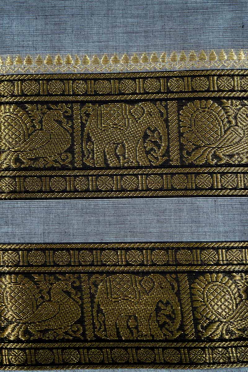 GREY WITH RETTA PETTA GREEN KANCHI COTTON SAREE - Queens Jewel Emporium