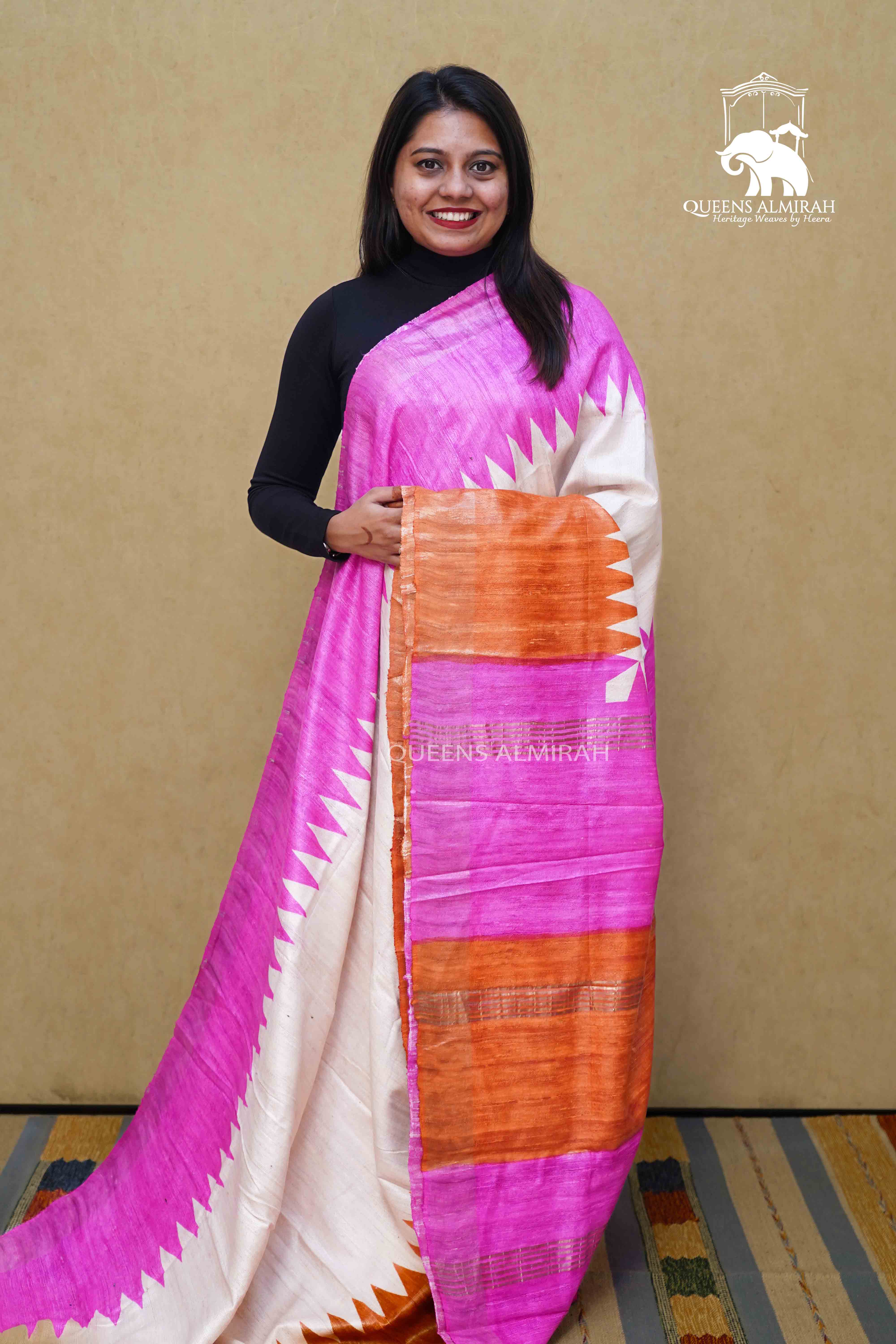HALF WHITE WITH WARM PINK GHICHA TUSSER SILK SAREE - Queens Jewel Emporium