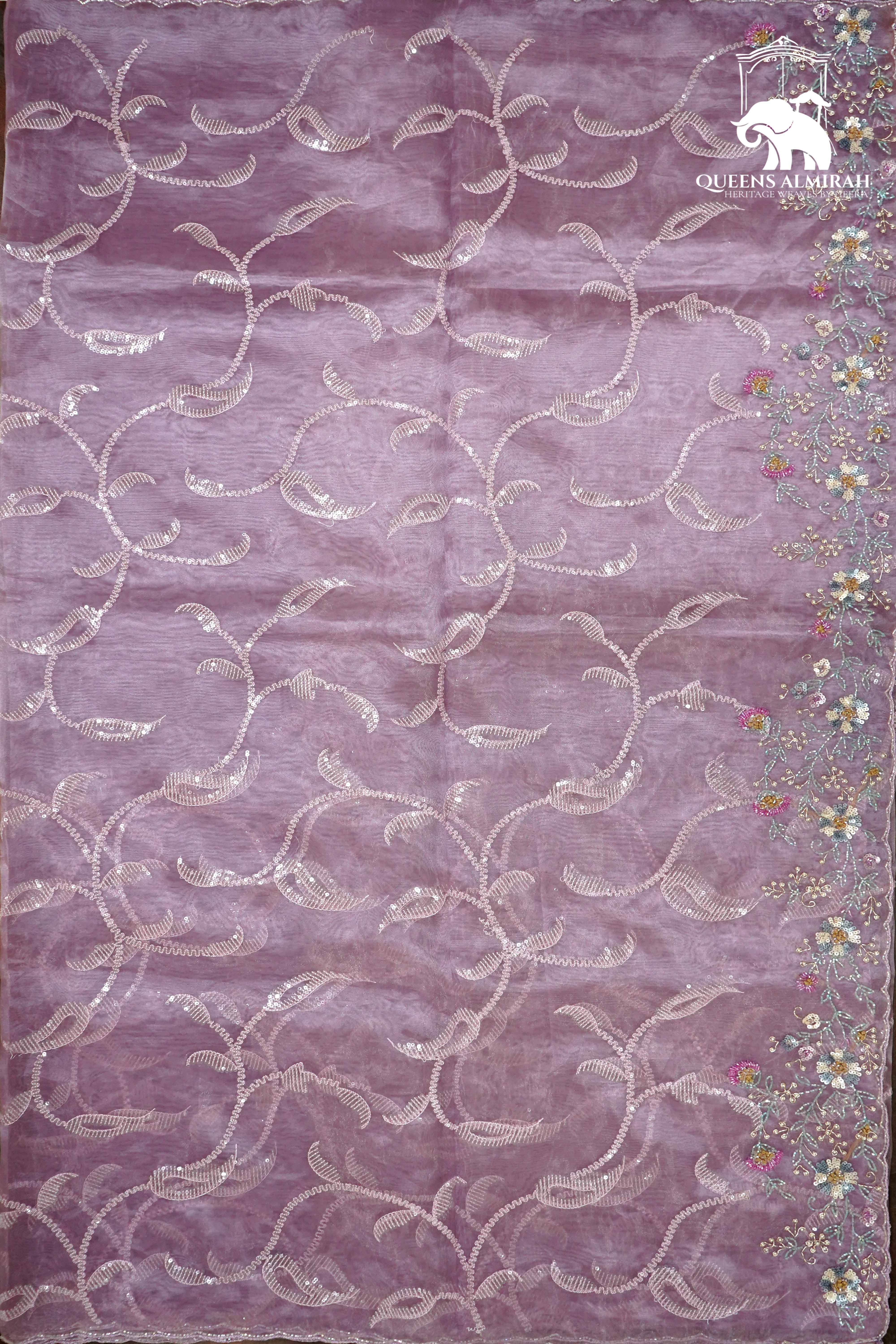 HEATHER PURPLE WITH SCALLOP BORDER ORGANZA SAREE - Queens Jewel Emporium