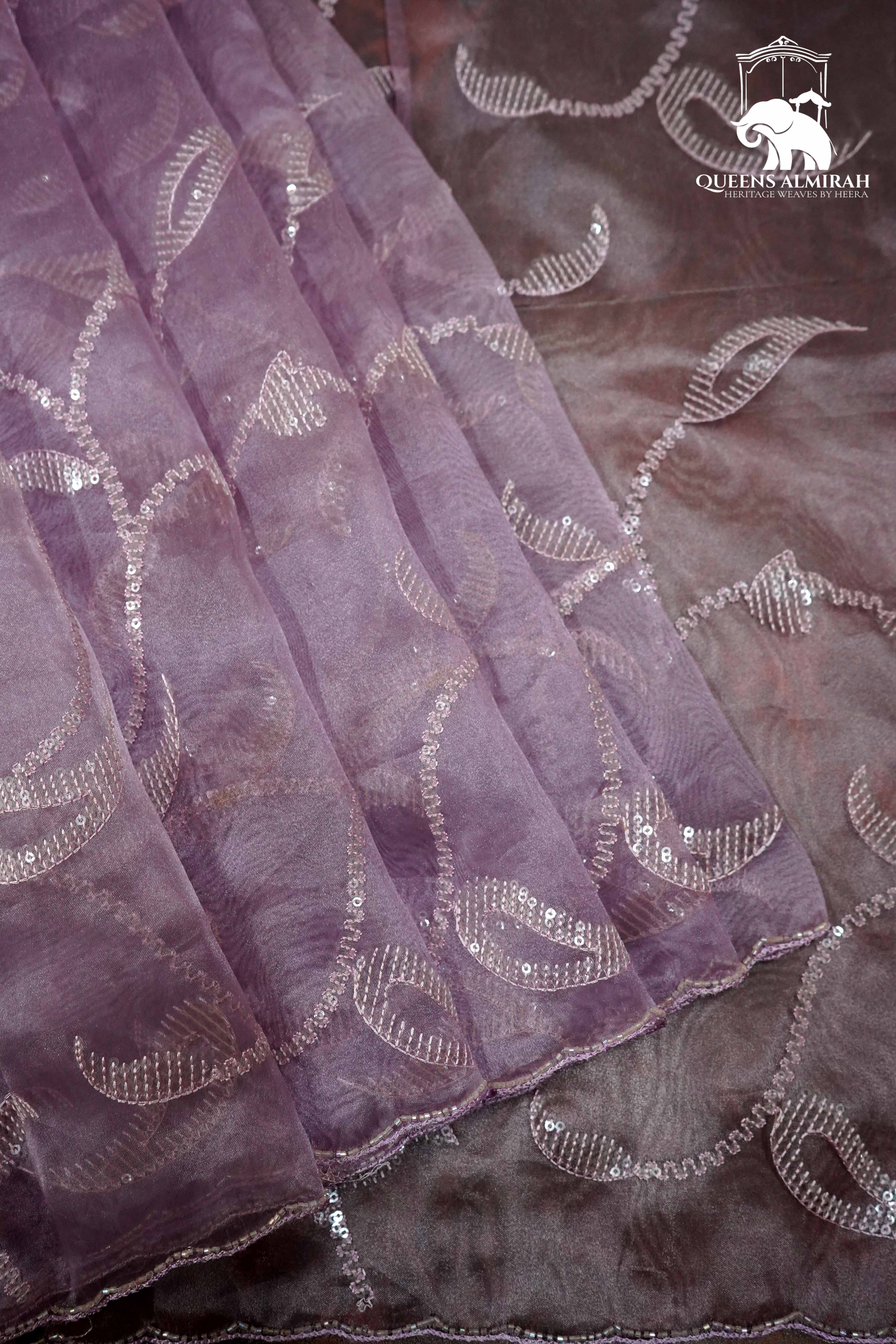 HEATHER PURPLE WITH SCALLOP BORDER ORGANZA SAREE - Queens Jewel Emporium