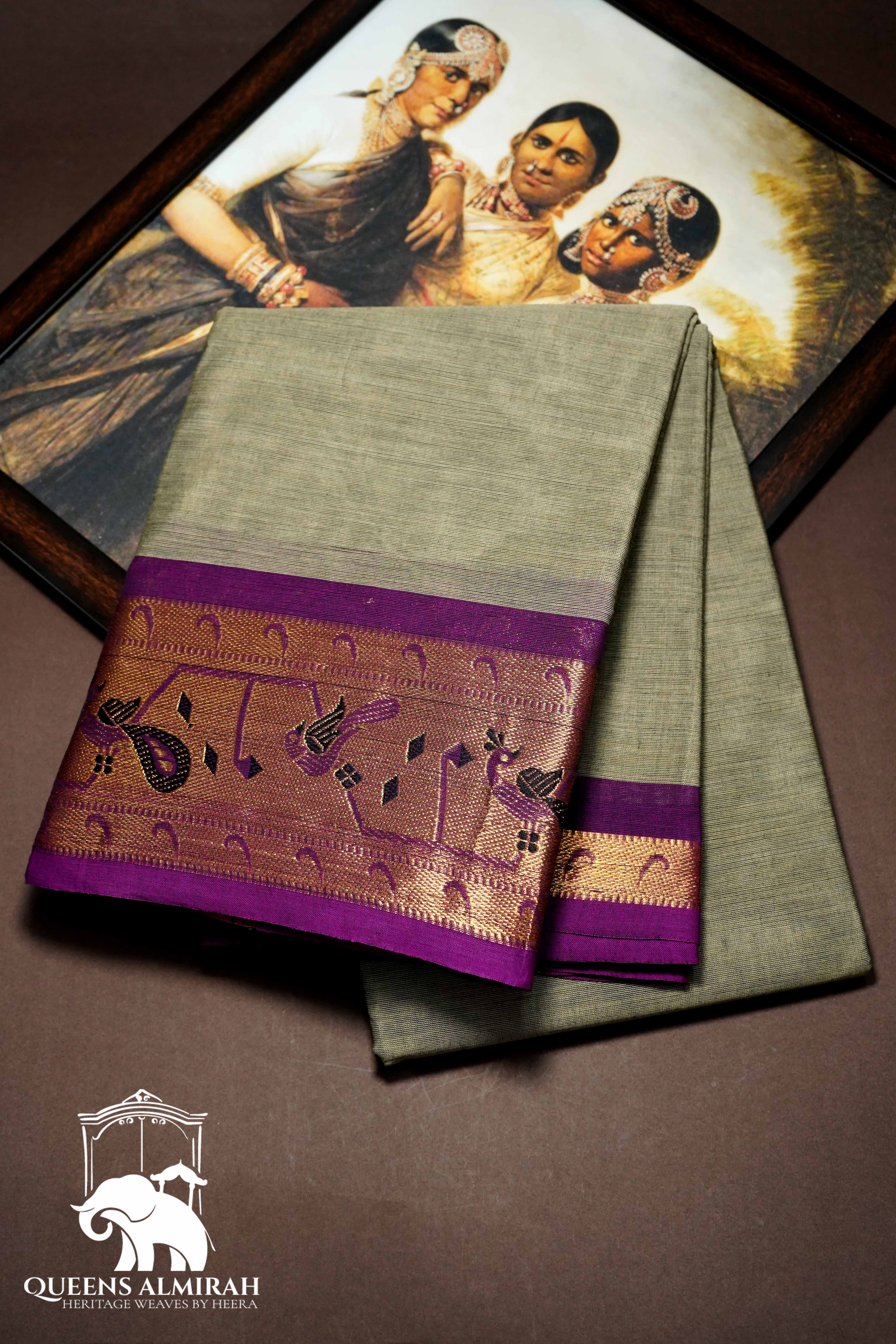 HEATHERED GREY WITH WARM PURPLE KANCHI COTTON SAREE - Queens Jewel Emporium