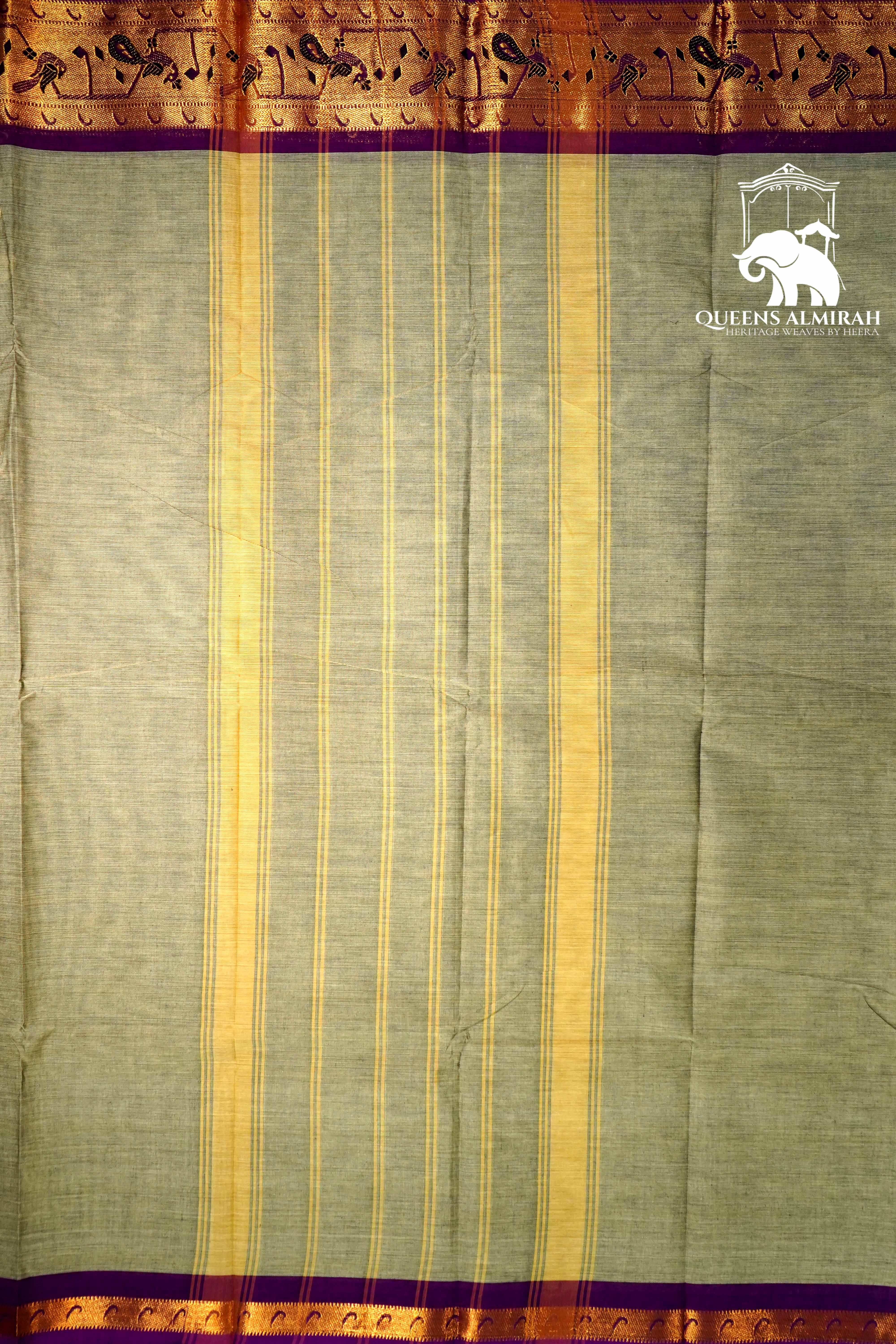 HEATHERED GREY WITH WARM PURPLE KANCHI COTTON SAREE - Queens Jewel Emporium