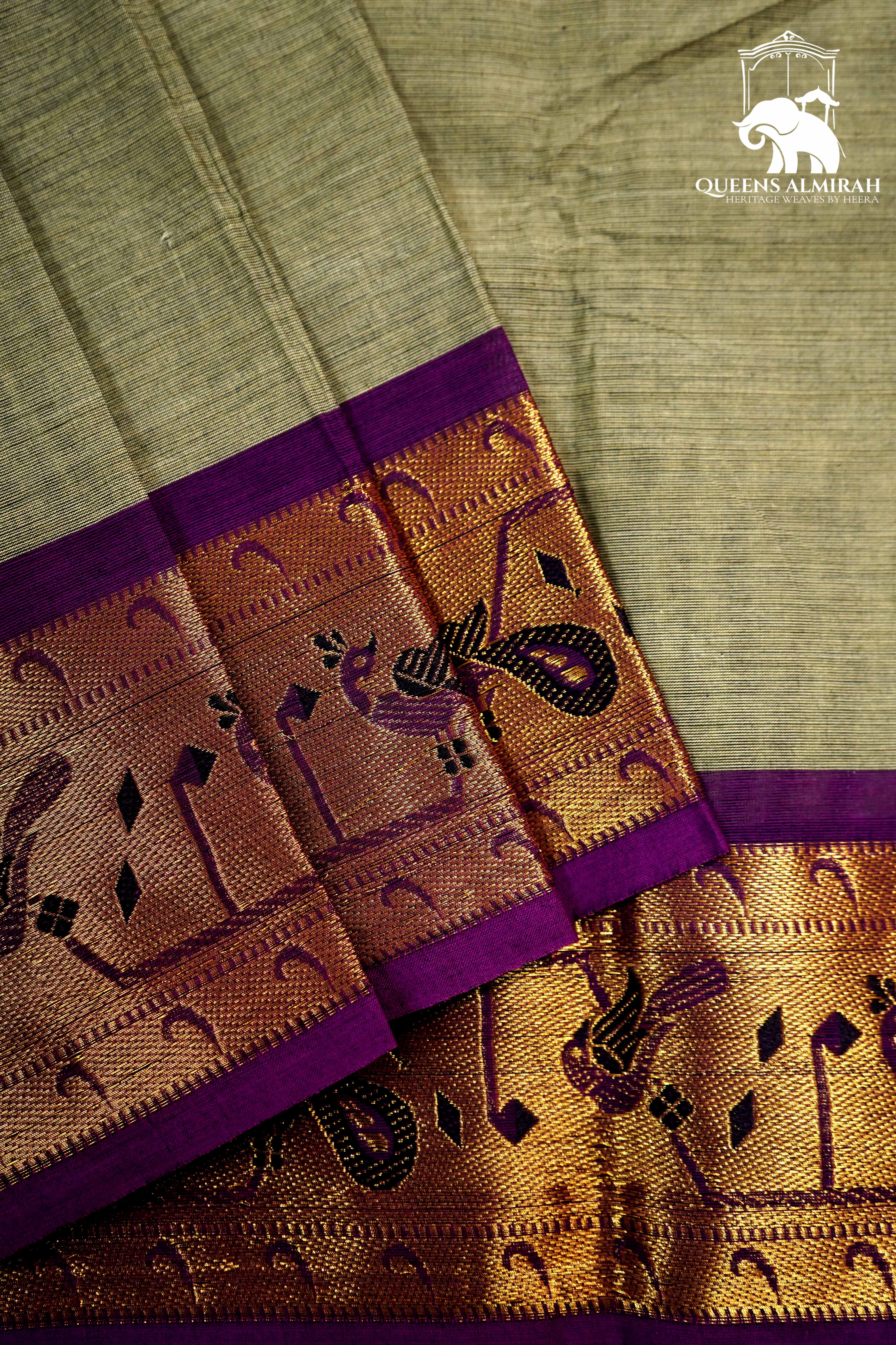 HEATHERED GREY WITH WARM PURPLE KANCHI COTTON SAREE - Queens Jewel Emporium